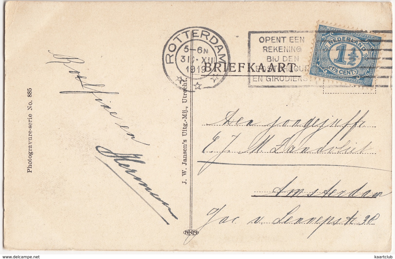 'Gelukkkig Nieuwjaar' - Vaas Met Rozen - 1919 - Holland/Nederland - (Uitg.: J.W. Jansen's Uitg.-Mij., Utrecht - No. 885) - New Year