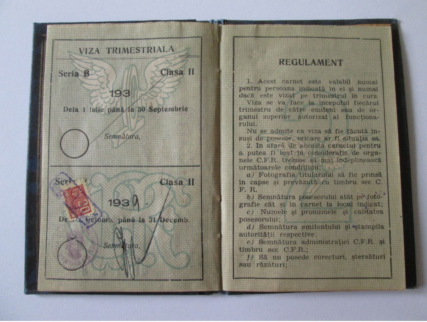 Romanian railways class 2 identity card 1936,size=118 x 80 mm/16 pages