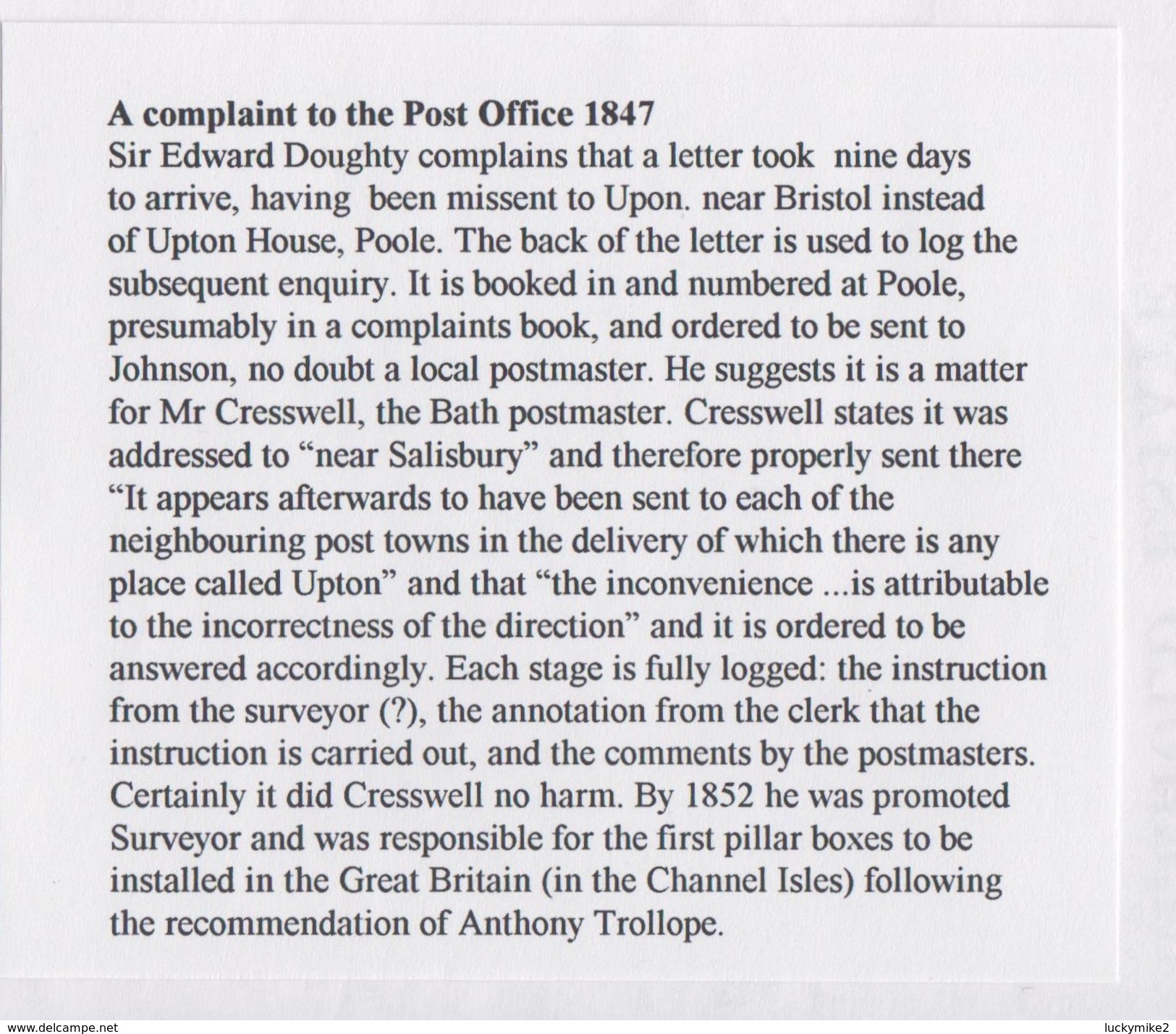 1847 Complaint About Post Office Delay By Sir Ed.Doughty, Signed "G H Creswell" (responsible For Piller Boxes).   0494 - Other & Unclassified