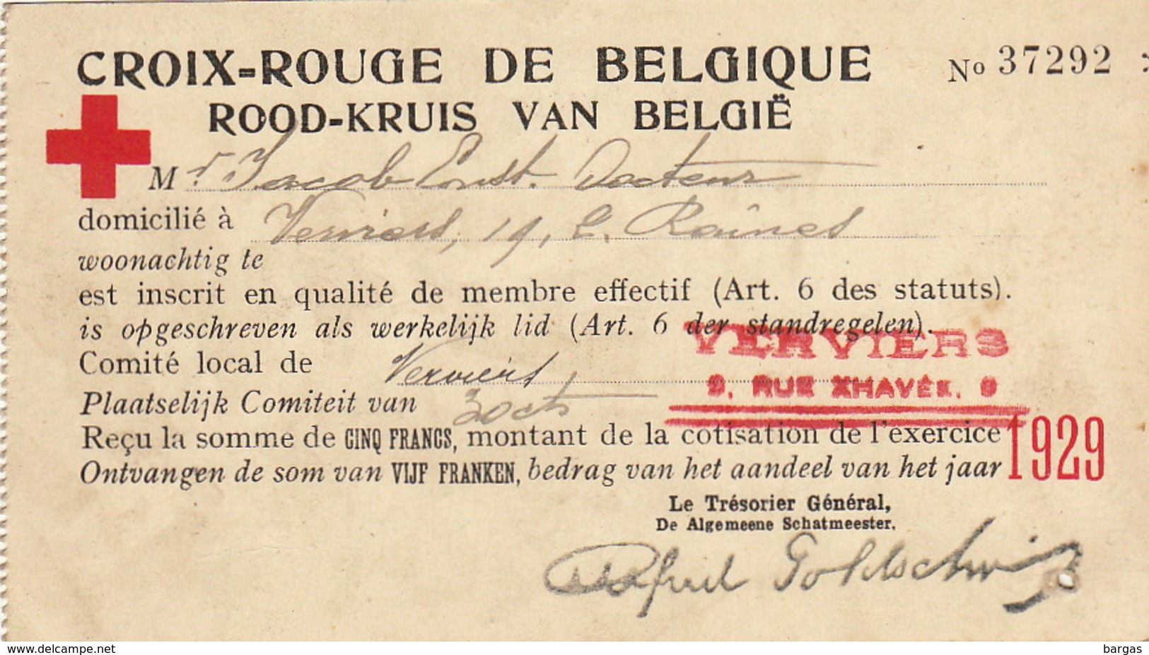 Carte De La Croix Rouge Rood Kruis De Belgique Pour Jacob Docteur à Verviers 1929 - Documents Historiques