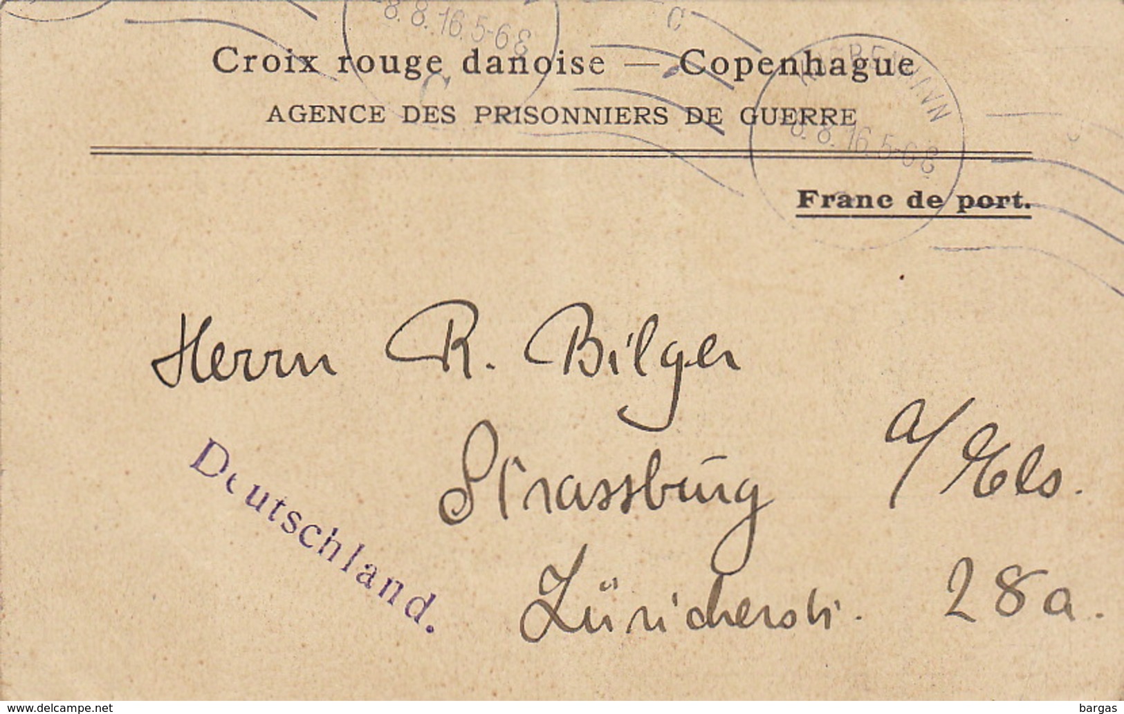 Carte De La Croix Rouge Danoise Danemark Prisonnier De Guerre 1916 Rote Kreuz Copenhague - Documents