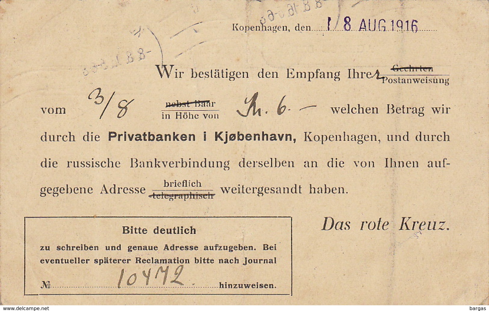 Carte De La Croix Rouge Danoise Danemark Prisonnier De Guerre 1916 Rote Kreuz Copenhague - Documents