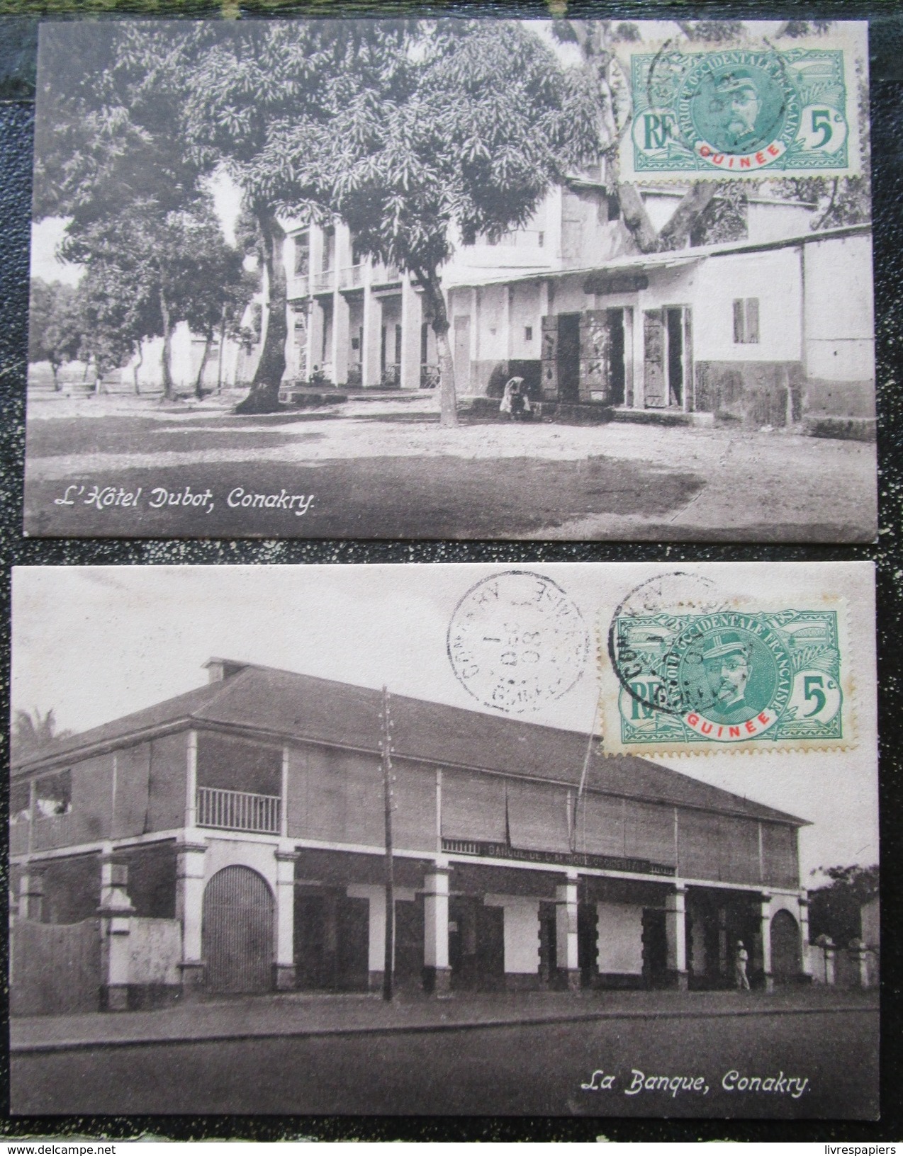 Guinée Lot 2 Cpa Conakry La Banque Et L'hotel Dubot Cpa Timbrées - Guinea Francese