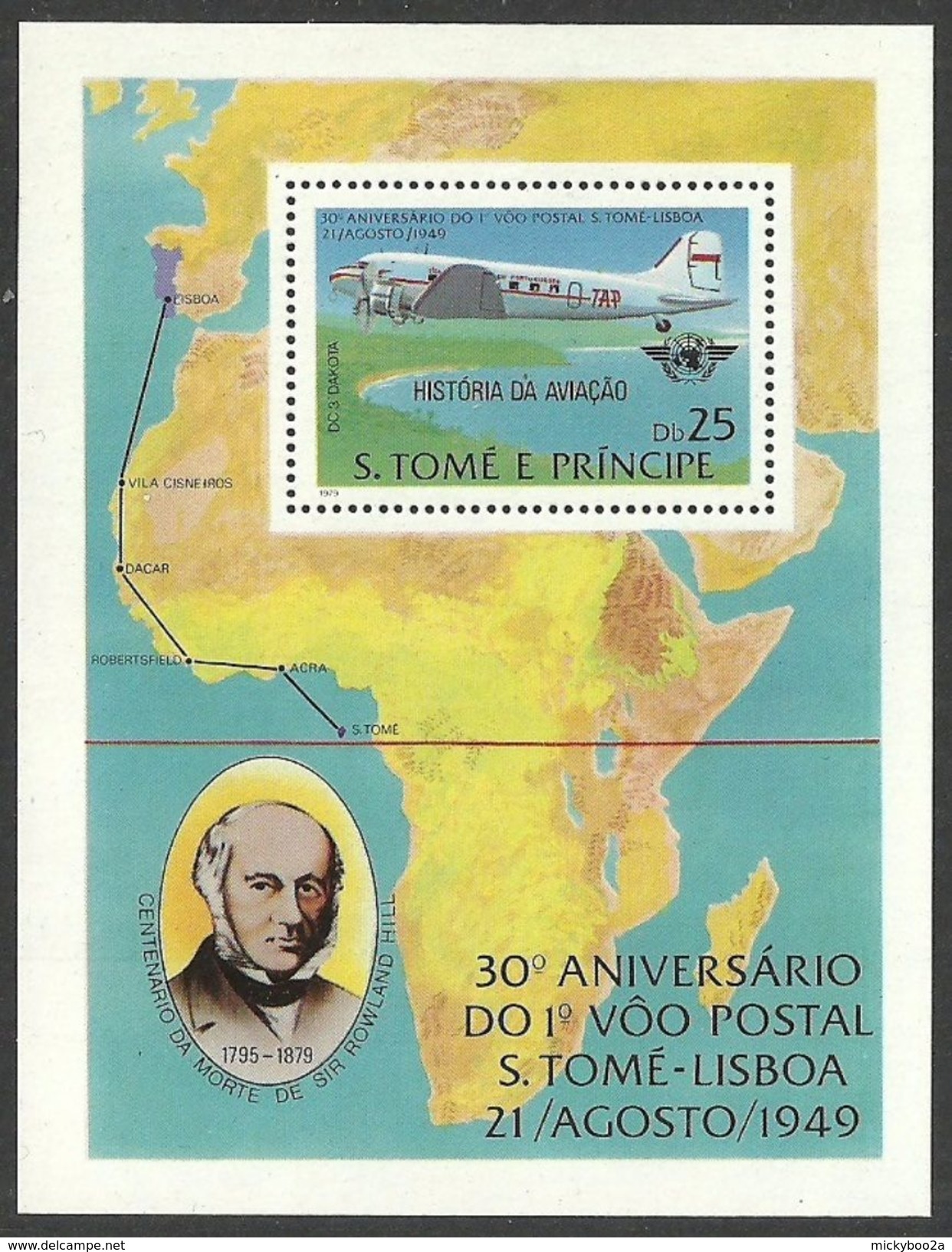 ST THOMAS AND PRINCE 1979 ROWLAND HILL ICAO OVERPRINT AIRCRAFT M/SHEET MNH - Sao Tome And Principe