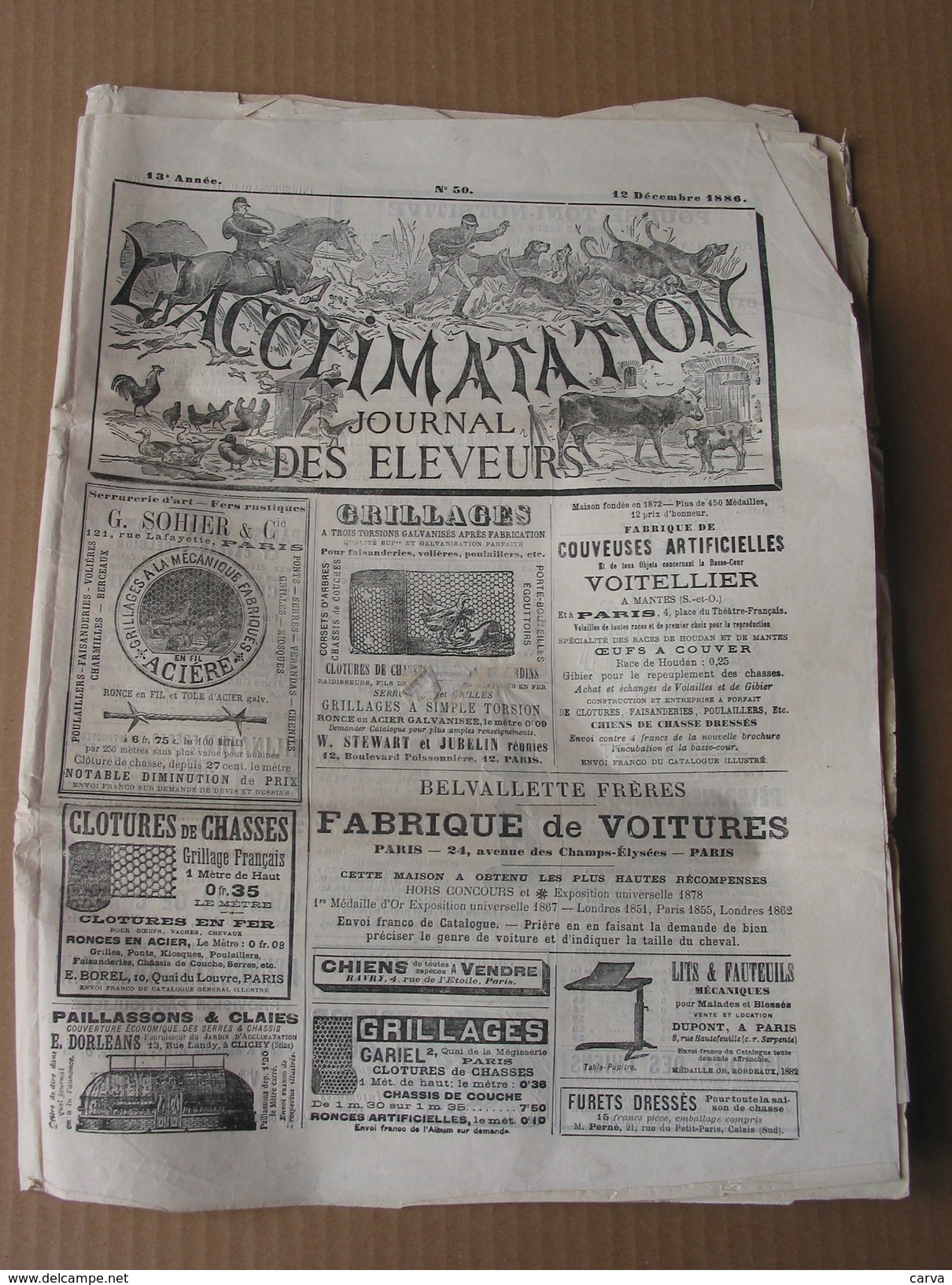 L' Acclimatation Journal  Décembre 1886 ( Logo Chasse à Courre Chiens Poules, Coq Canard, Pigeons) Publicité Microscope - 1850 - 1899