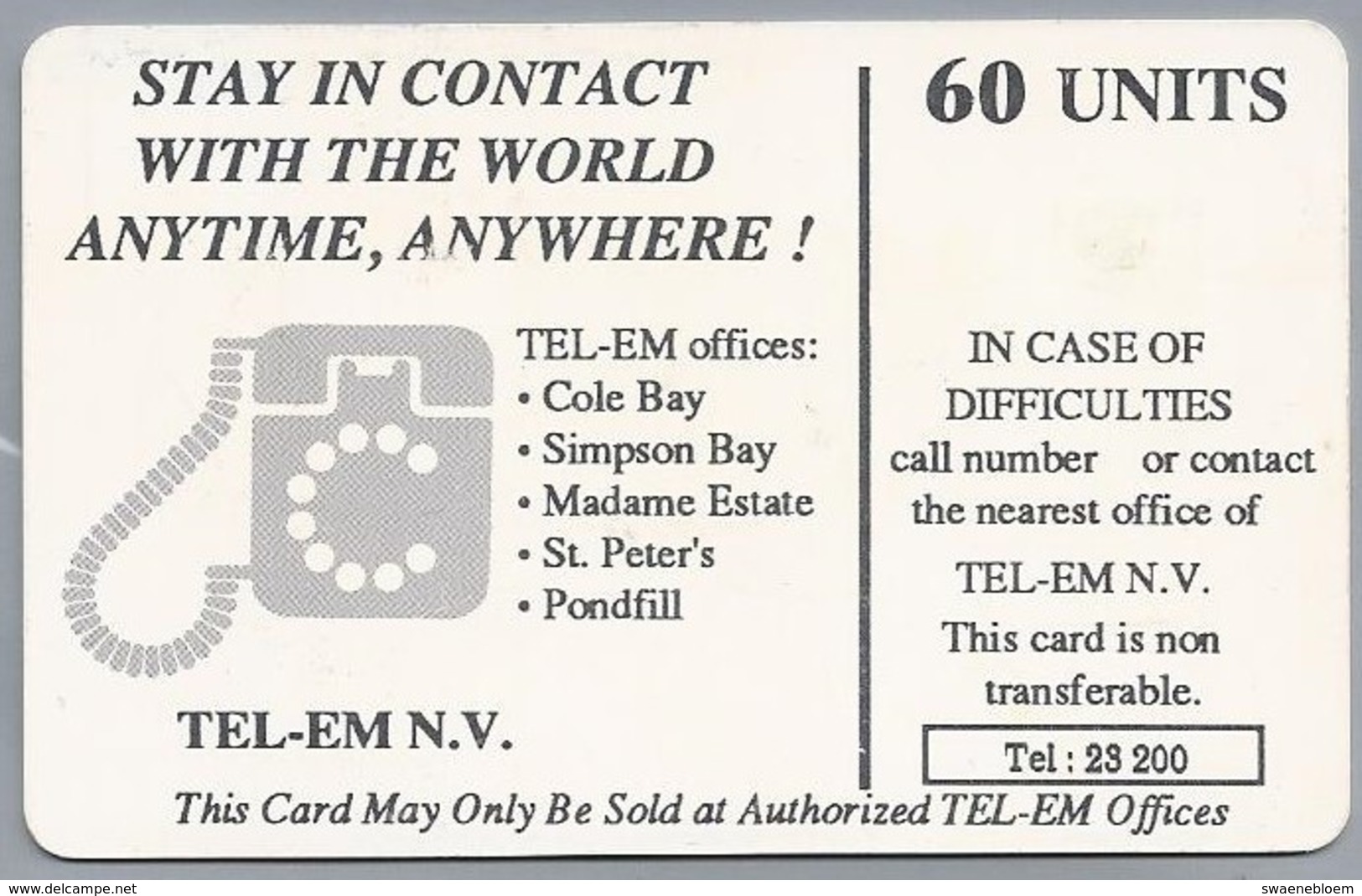 Telefoonkaart. TEL-EM N.V. - PHONECARD. 60 Units.  2 Scans - Antilles (Neérlandaises)