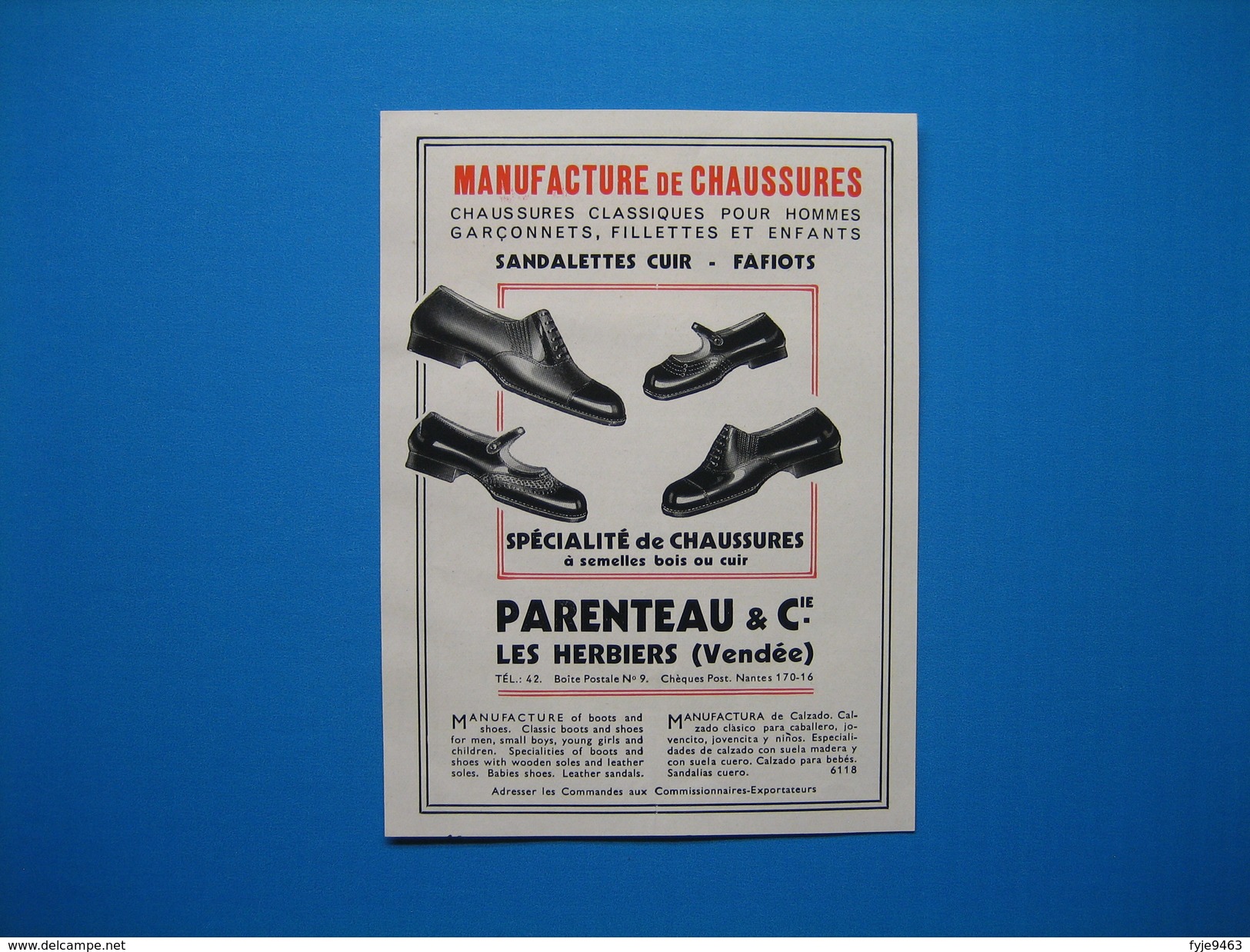 (1937) Manufacture De Chaussures - PARENTEAU - Les Herbiers (Vendée) -- Baguettes, Lisérés F. LAGISQUET à Bordeaux - Non Classés