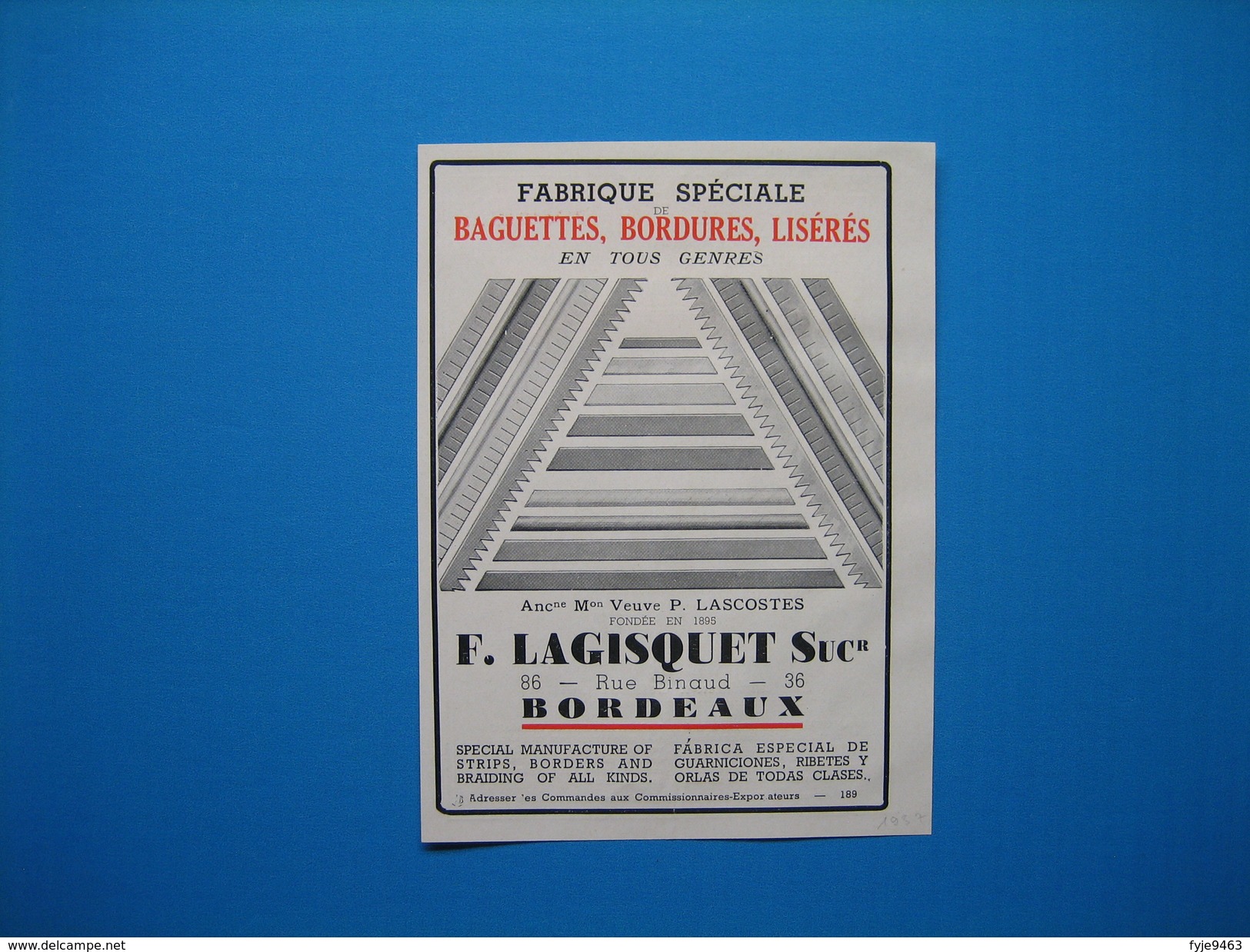 (1937) Manufacture De Chaussures - PARENTEAU - Les Herbiers (Vendée) -- Baguettes, Lisérés F. LAGISQUET à Bordeaux - Non Classés