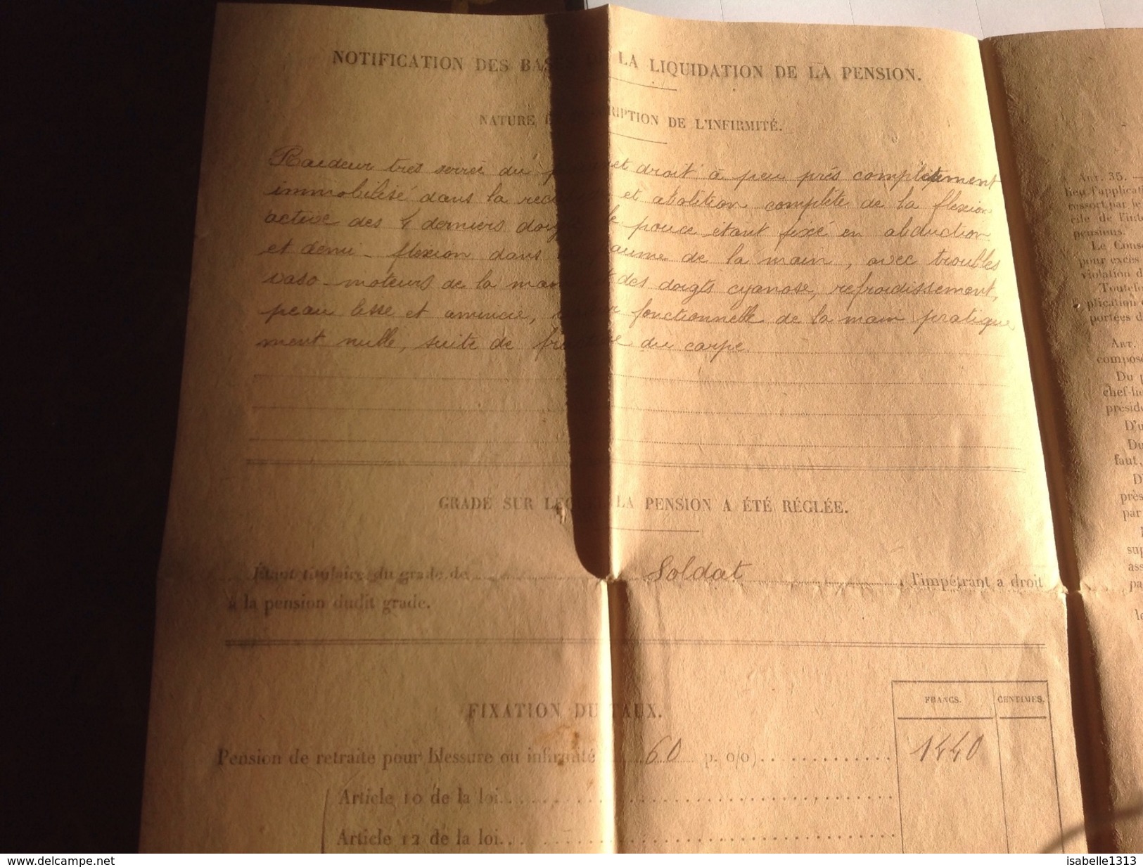 Pièce A Conservé Par Le Pensionnée Notifications Ministère De La Guerre  Blessure Et Infirmités 1920 Loi 1919 Soldats - Documents