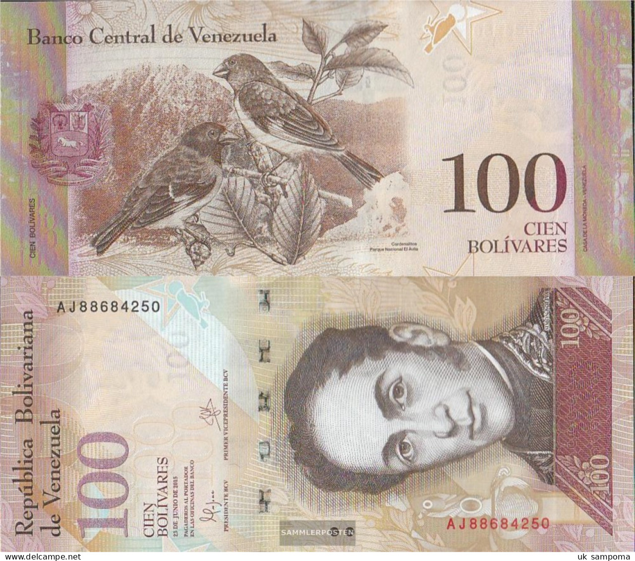 Venezuela Pick-number: 93i Uncirculated 2015 100 Bolivares - Venezuela