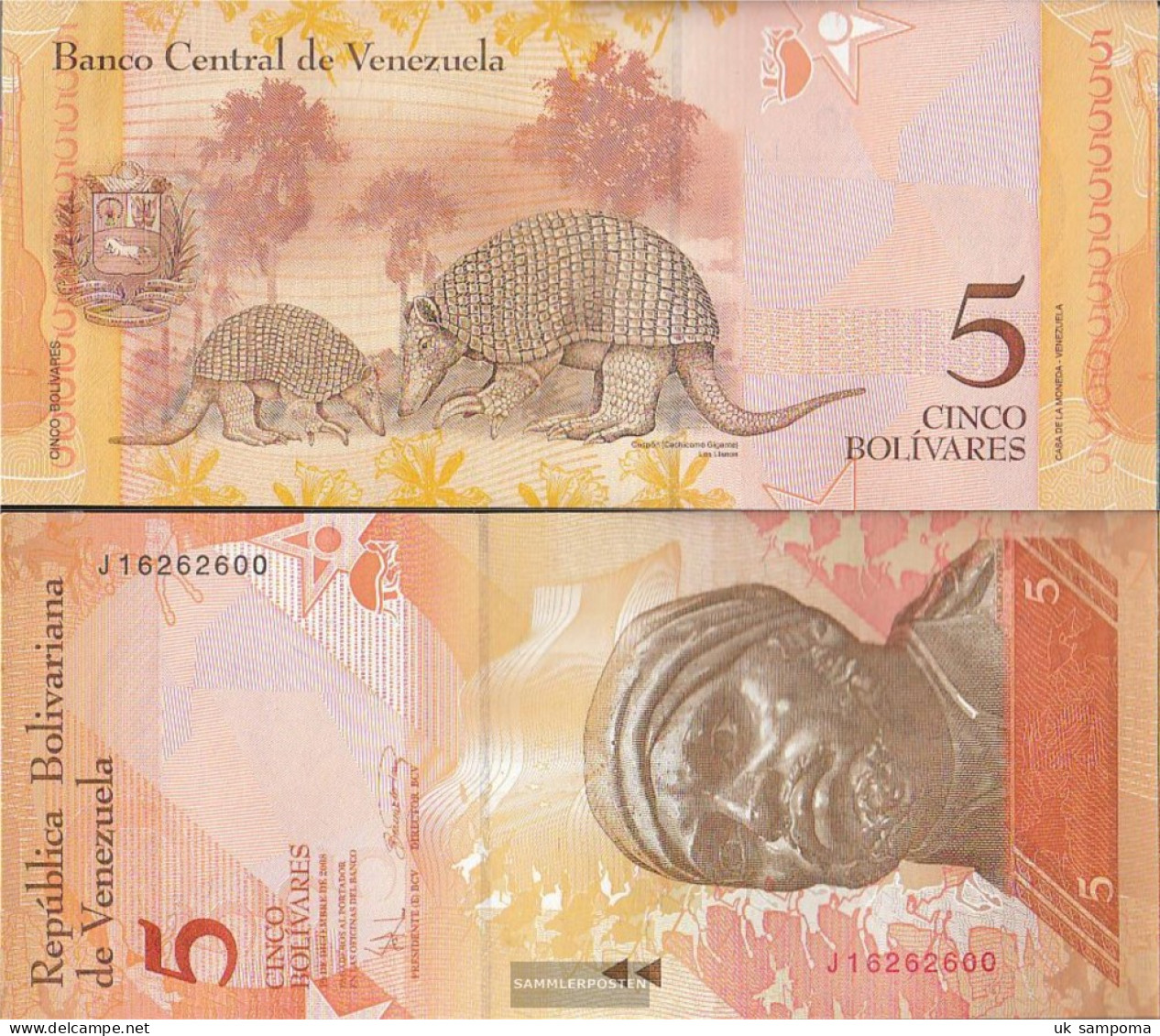 Venezuela Pick-number: 89c Uncirculated 2008 5 Bolivares - Venezuela