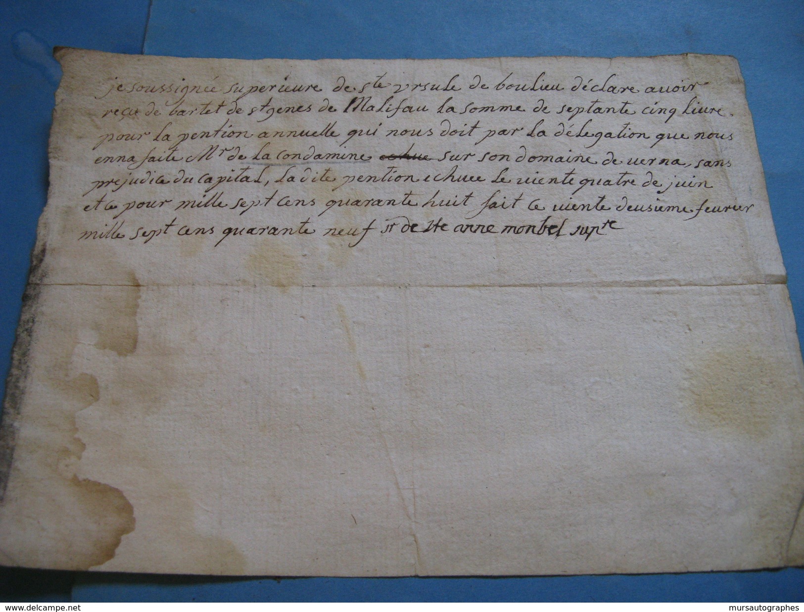 RARE PIECE SIGNEE DE LA MERE SUPERIEURE RELGIEUSE DE SAINTE-URSULE DE BOULIEU 1749 ARDECHE PENSION LA CONDAMINE - Autres & Non Classés