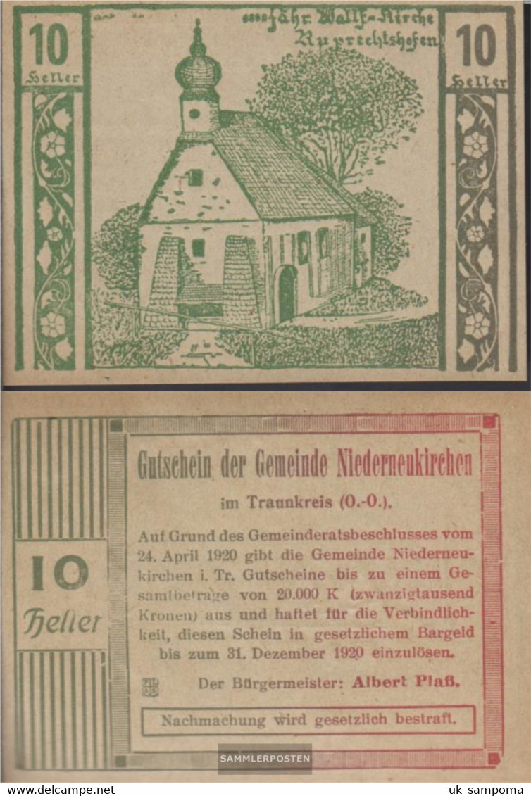 Niederneukirchen Notgeld The Community Nietheneukirchen Uncirculated 1920 10 Bright - Austria