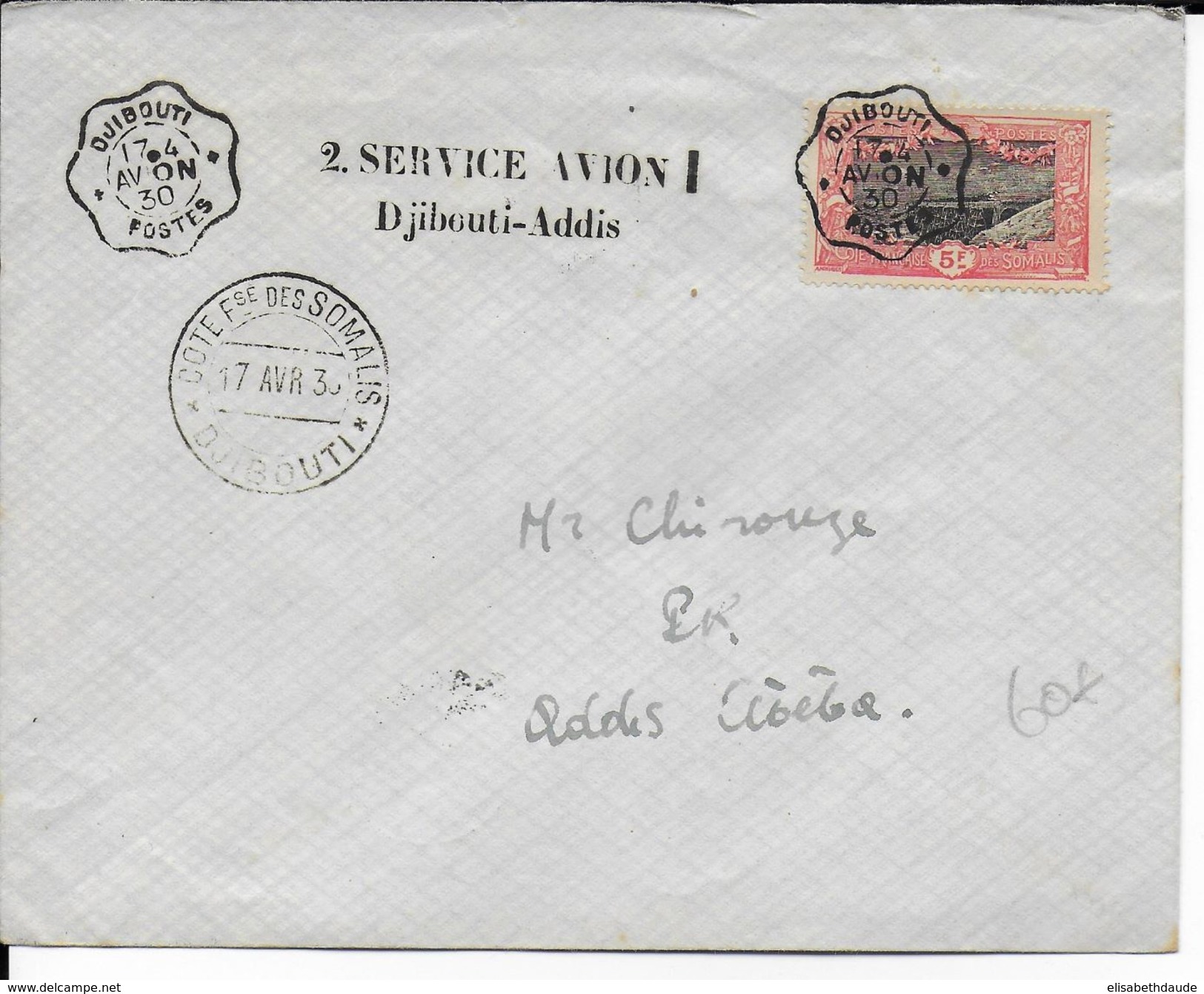 1930 - ENVELOPPE De DJIBOUTI (SOMALIS) => ADDIS (ETHIOPIE) - 2° SERVICE AVION - Cartas & Documentos