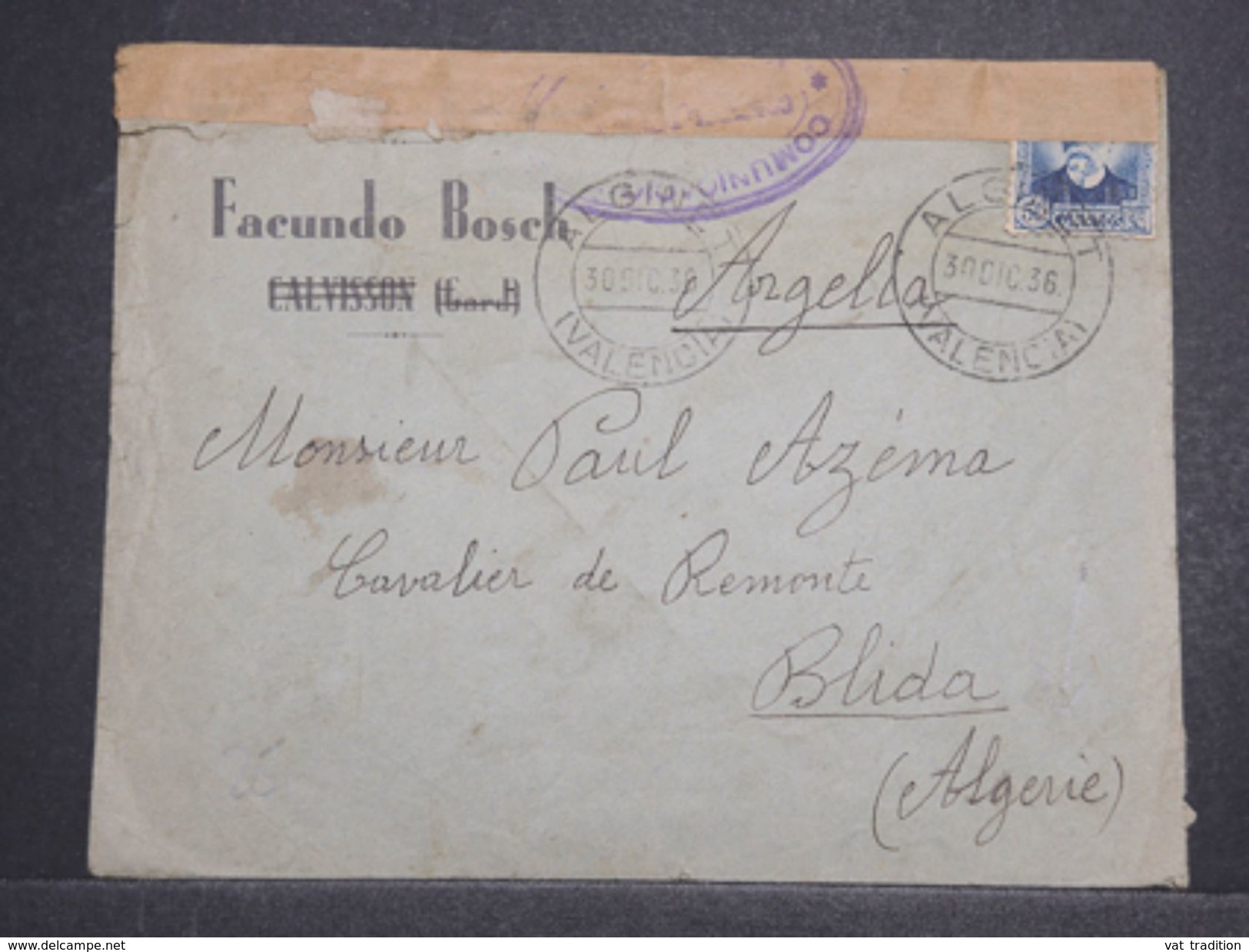 ESPAGNE - Enveloppe De Alginet Pour Blida ( Algérie ) En 1936 , Contrôle Postal De Valence - L 10353 - Marques De Censures Républicaines