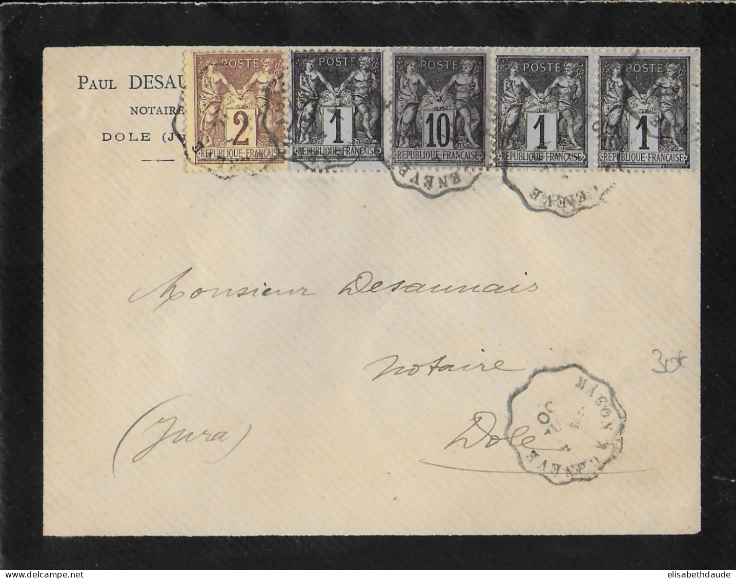 1900 - SAGE - TRICOLORE Sur ENVELOPPE De DOLE (JURA) Avec AMBULANT MACON à GENEVE - 1876-1898 Sage (Type II)