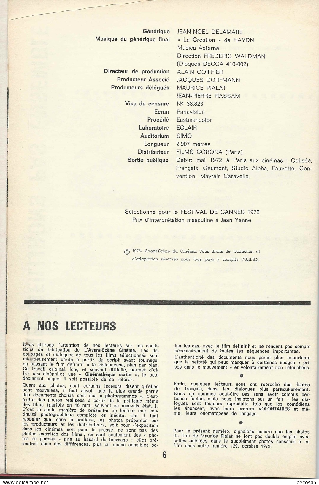 Avant-scène Cinéma N° 134 (1973) : "NOUS NE VIEILLIRONS PAS ENSEMBLE" (1972) De Maurice PIALAT, Avec Marlène JOBERT. - Magazines