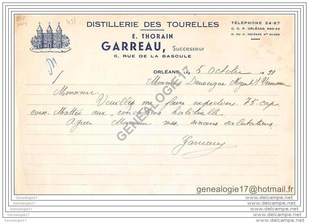 45 216 ORLEANS LOIRET 1951 Distillerie Des Tourelles Mr GARREAU Succ E. THORAIN Rue De La Bascule Âˆ DAUVERGNE - Alimentaire