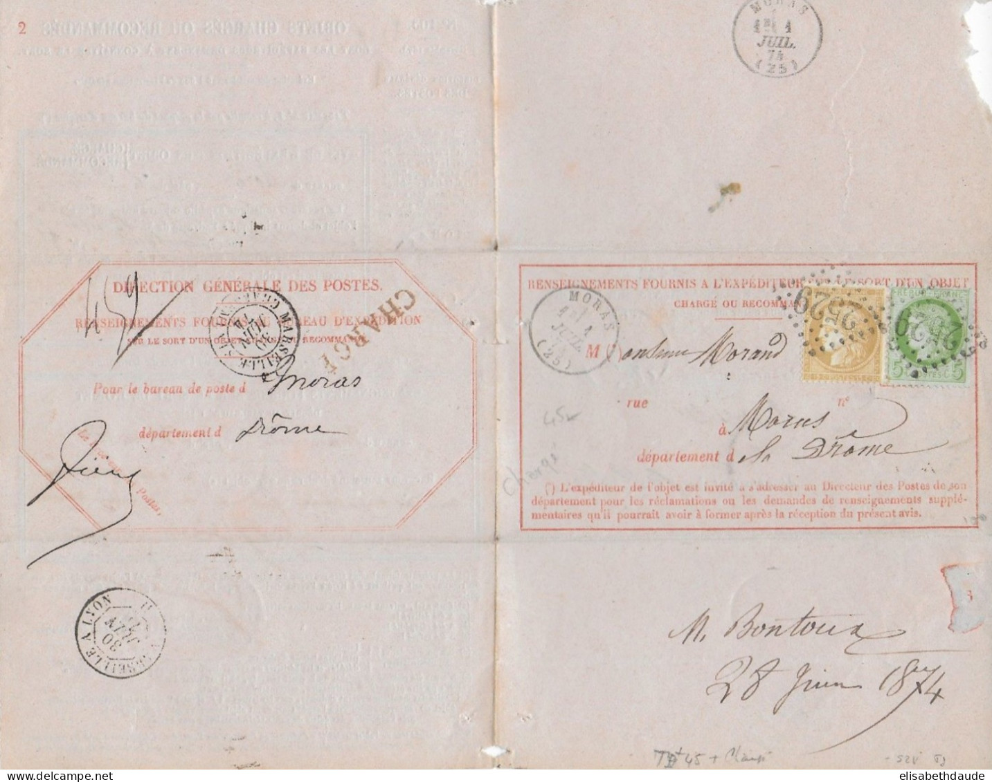 1874 - CERES Sur LETTRE DEMANDE De RENSEIGNEMENT LETTRE CHARGEE MORAS (DROME) Avec GC 2539 (IND8) / MARSEILLE - 1871-1875 Cérès