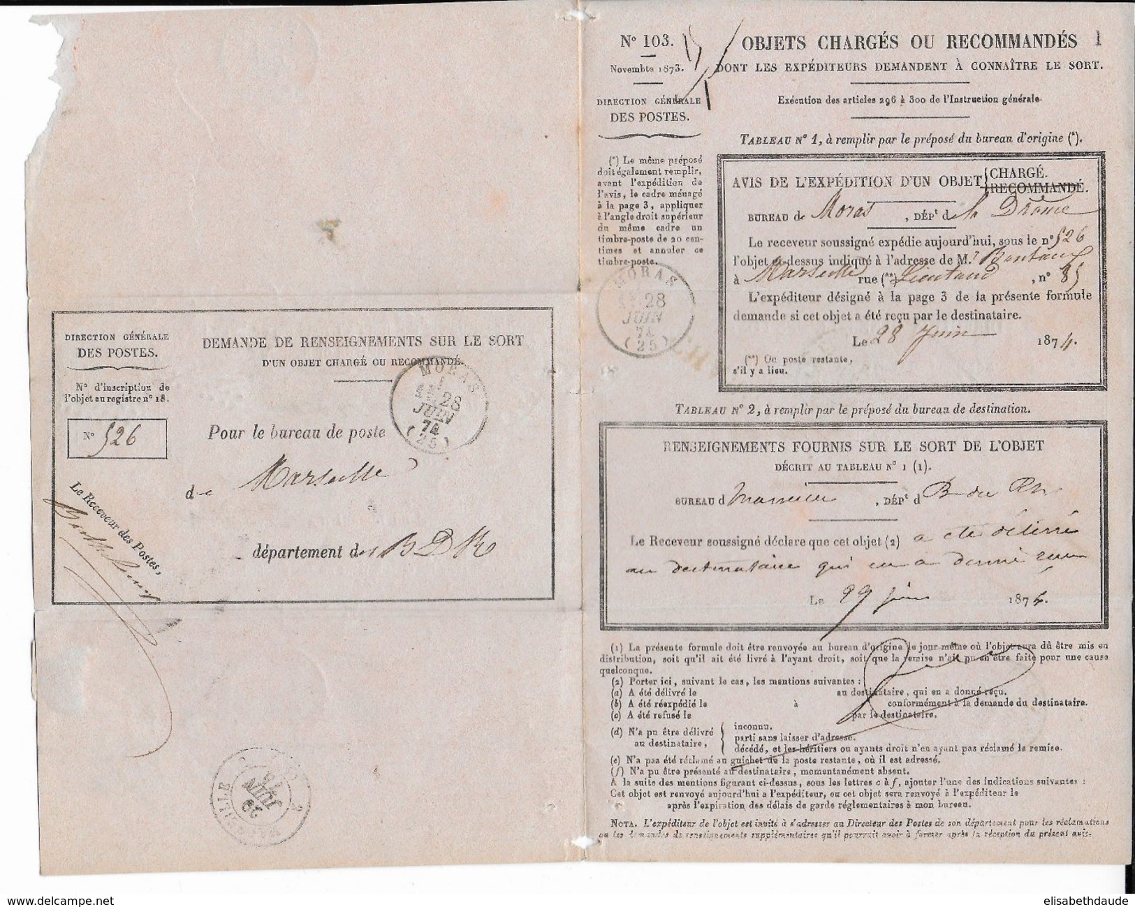 1874 - CERES Sur LETTRE DEMANDE De RENSEIGNEMENT LETTRE CHARGEE MORAS (DROME) Avec GC 2539 (IND8) / MARSEILLE - 1871-1875 Cérès