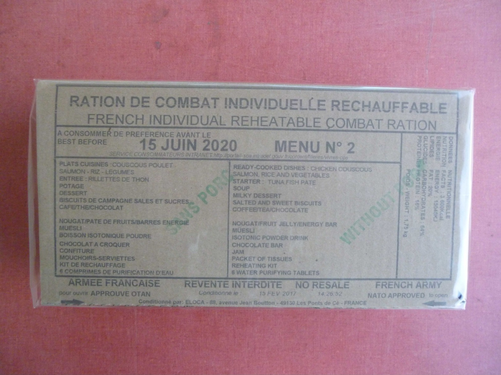 Legion Etrangere Armée Française Ration De Combat Individuelle Rechauffable  N° 9 Porc Creole Riz Ananas - Uitrusting