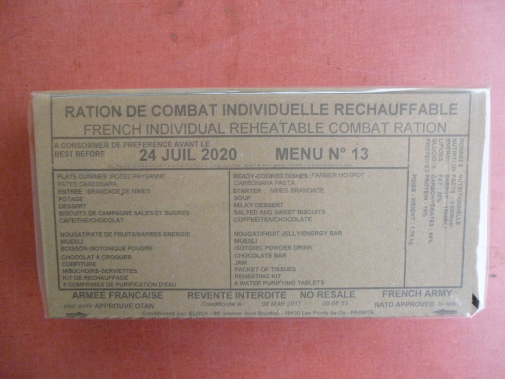 Legion Etrangere Armée Française Ration De Combat Individuelle Rechauffable  N° 13   Potée Paysanne - Uitrusting