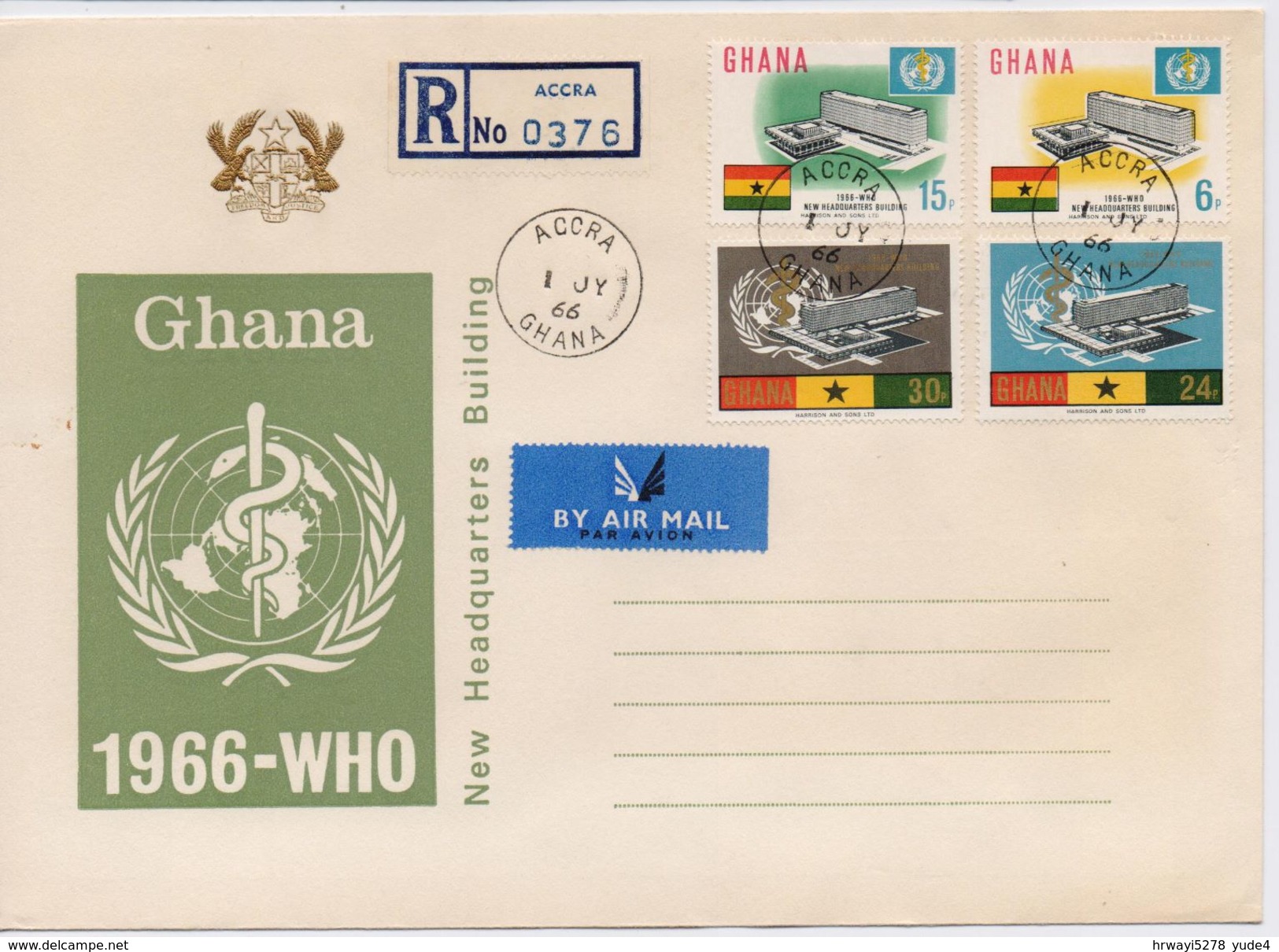 Ghana 1966, FDC WHO, Esculaap, Complete Set - Ghana (1957-...)