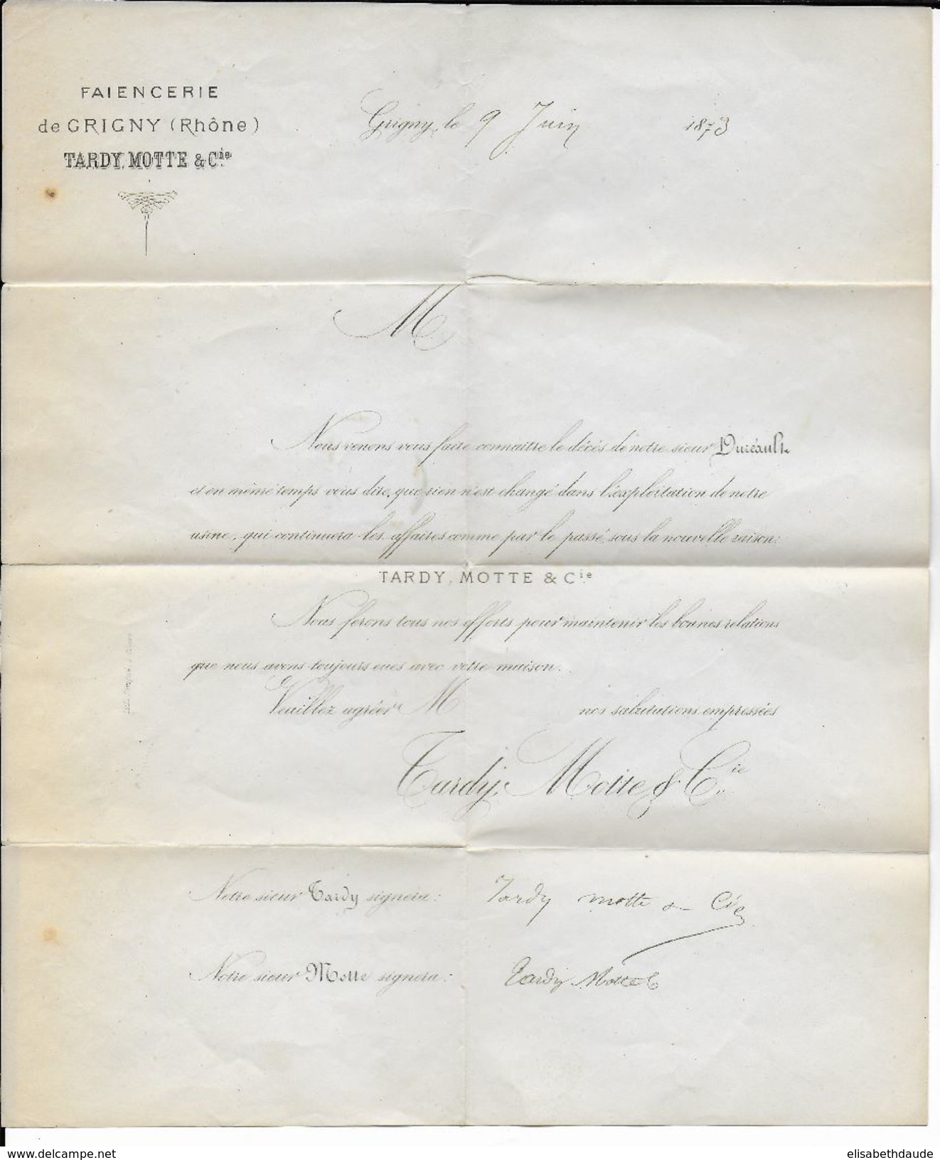 1873 - CERES Sur LETTRE SOUS BANDE (SANS BANDE) De GRIGNY (RHONE) Avec DATEUR De GIVORS OBLITERANT Le TIMBRE - 1849-1876: Klassik