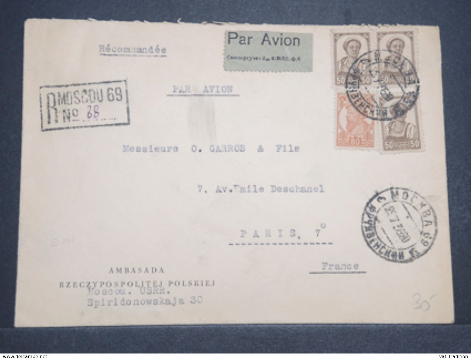 U.R.S.S. - Enveloppe En Recommandé De Moscou Pour Paris En 1936 Par Avion , Affranchissement Plaisant - L 10404 - Cartas & Documentos