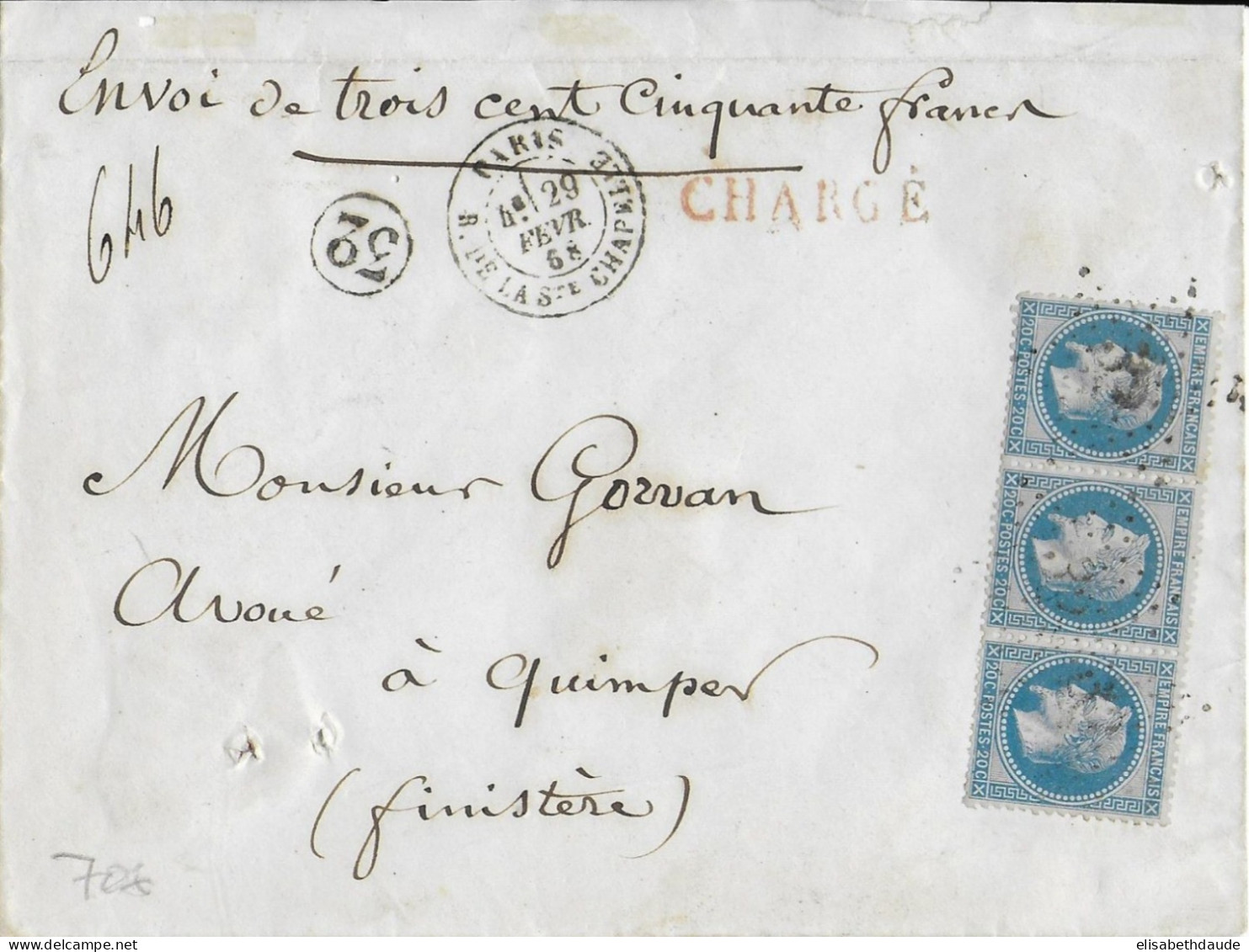 1868 - LETTRE CHARGEE De PARIS => QUIMPER - 1863-1870 Napoleon III With Laurels