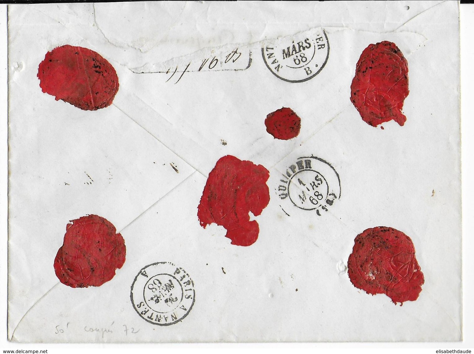 1868 - LETTRE CHARGEE De PARIS => QUIMPER - 1863-1870 Napoleon III With Laurels