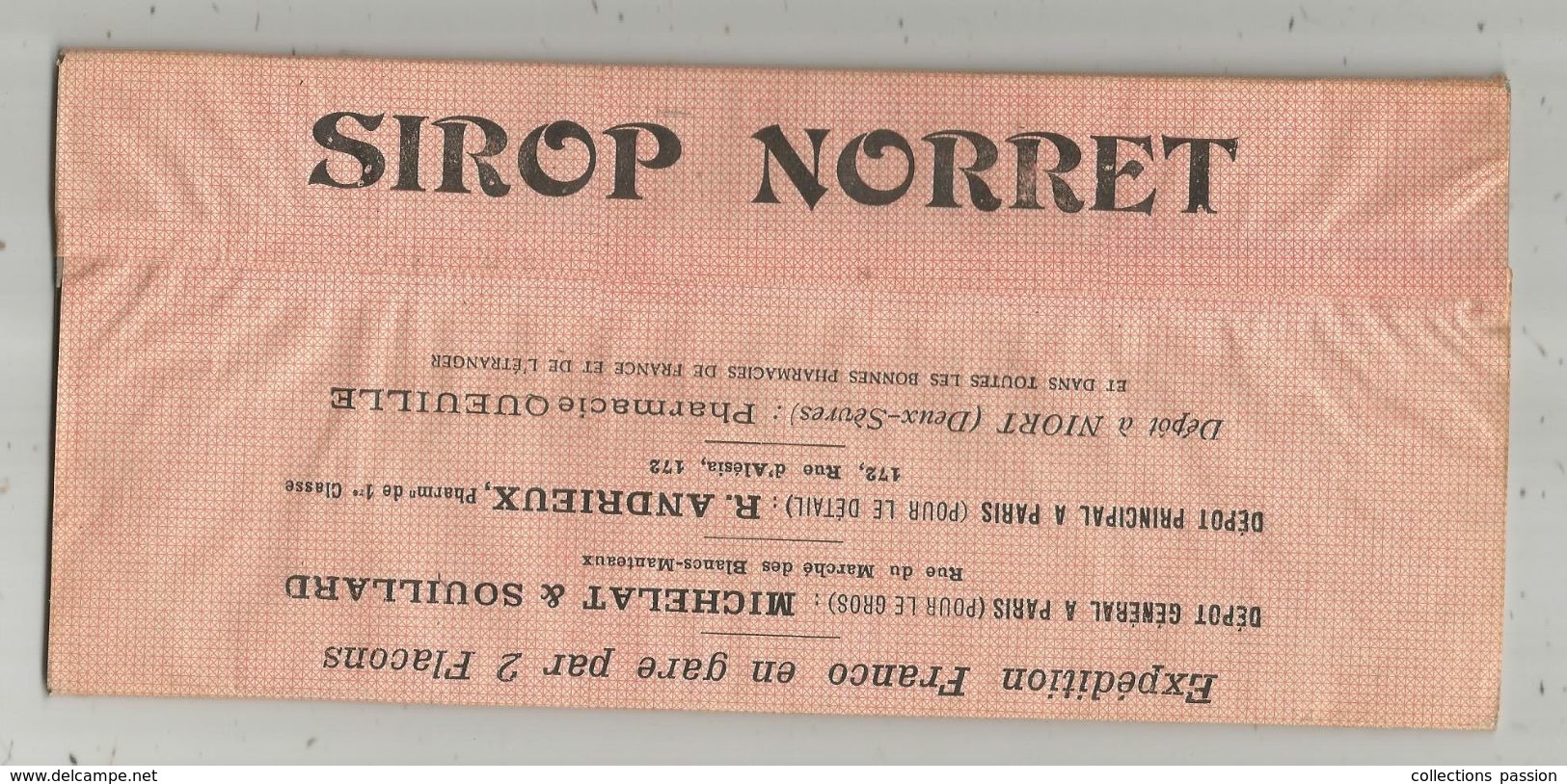 étiquette Sur Boite Pliable , Sirop NORRET,  Dépot à Niort, Pharmacie Queuille, 2 Scans , Frais Fr : .2.25 E - Scatole