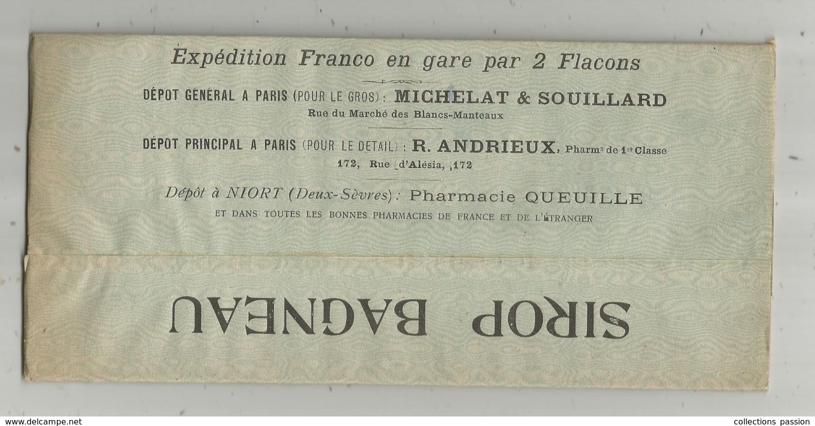 étiquette Sur Boite Pliable , Sirop BAGNEAU,  Dépot à Niort, Pharmacie Queuille, 2 Scans , Frais Fr : .2.25 E - Dosen