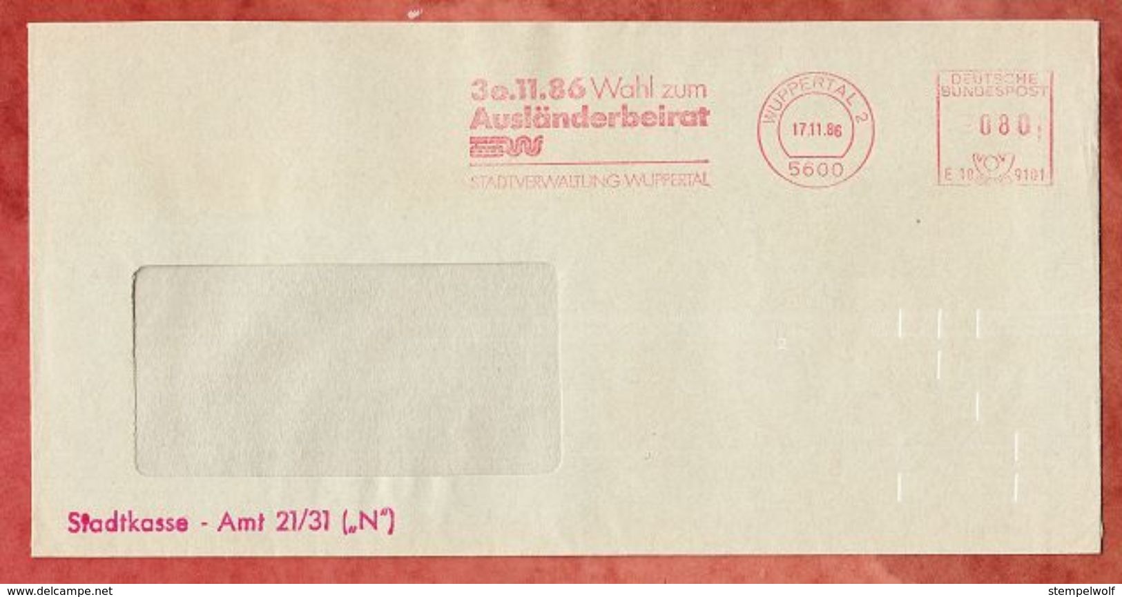 Brief, Pitney Bowes E10-9101, Wahl Auslaenderbeirat, 80 Pfg, Wuppertal 1986 (43954) - Machines à Affranchir (EMA)