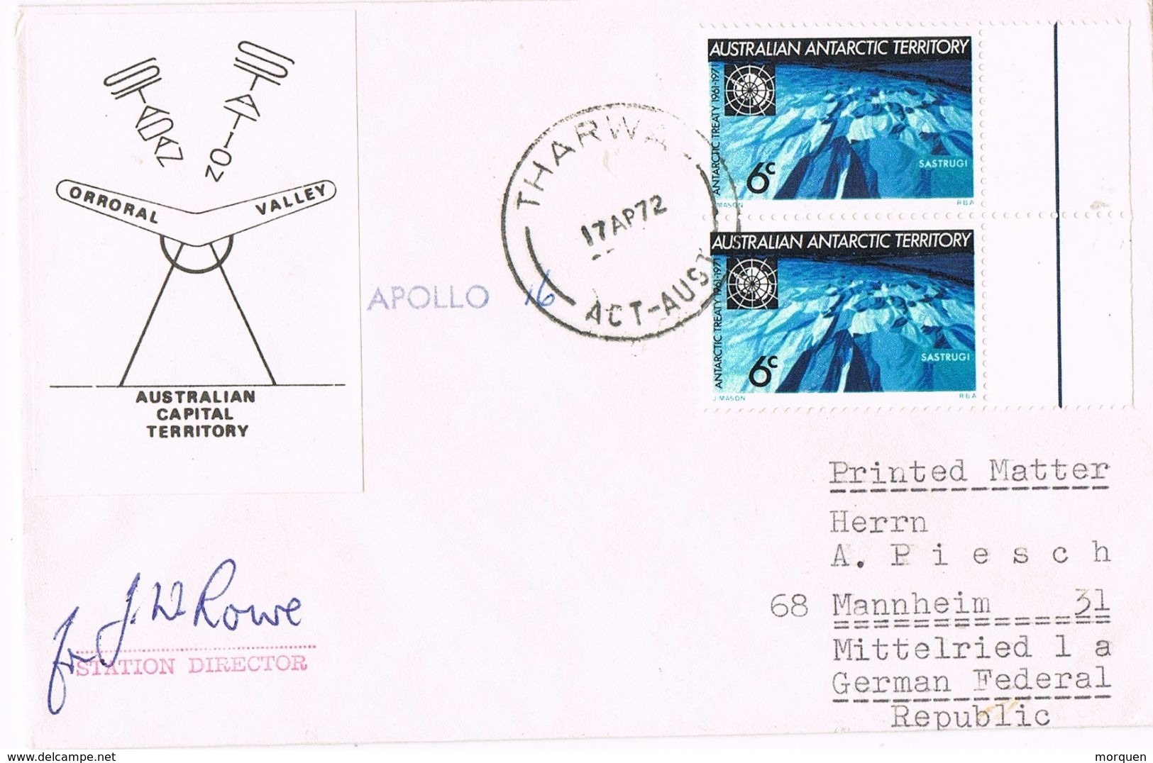 26564. Carta THARWA (Australian Antartic Territory) 1972. Signe Station Director - Cartas & Documentos