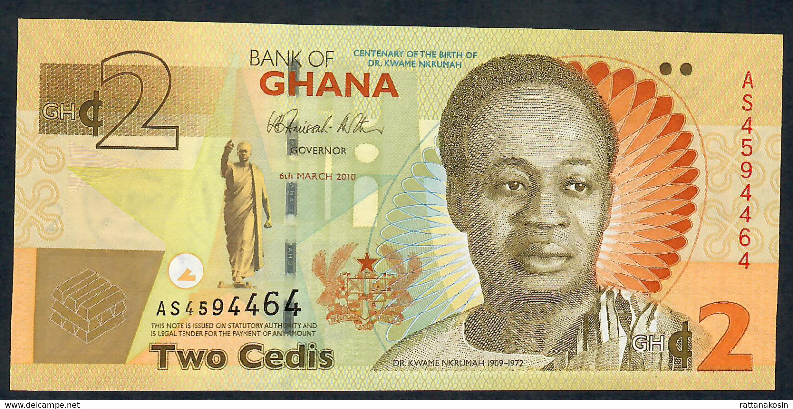 GHANA P37Aa 2 CEDIS 2010 #AS Signature 12      UNC. - Ghana