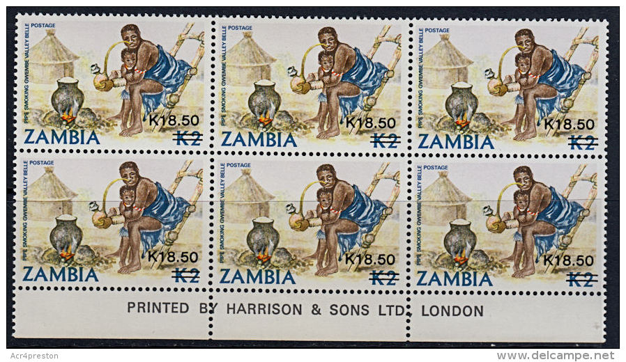 D0095 ZAMBIA 1989, SG 584  K18.50 On K2 Pipe Smoking,  MNH Marginal Block Of 6 - Zambia (1965-...)