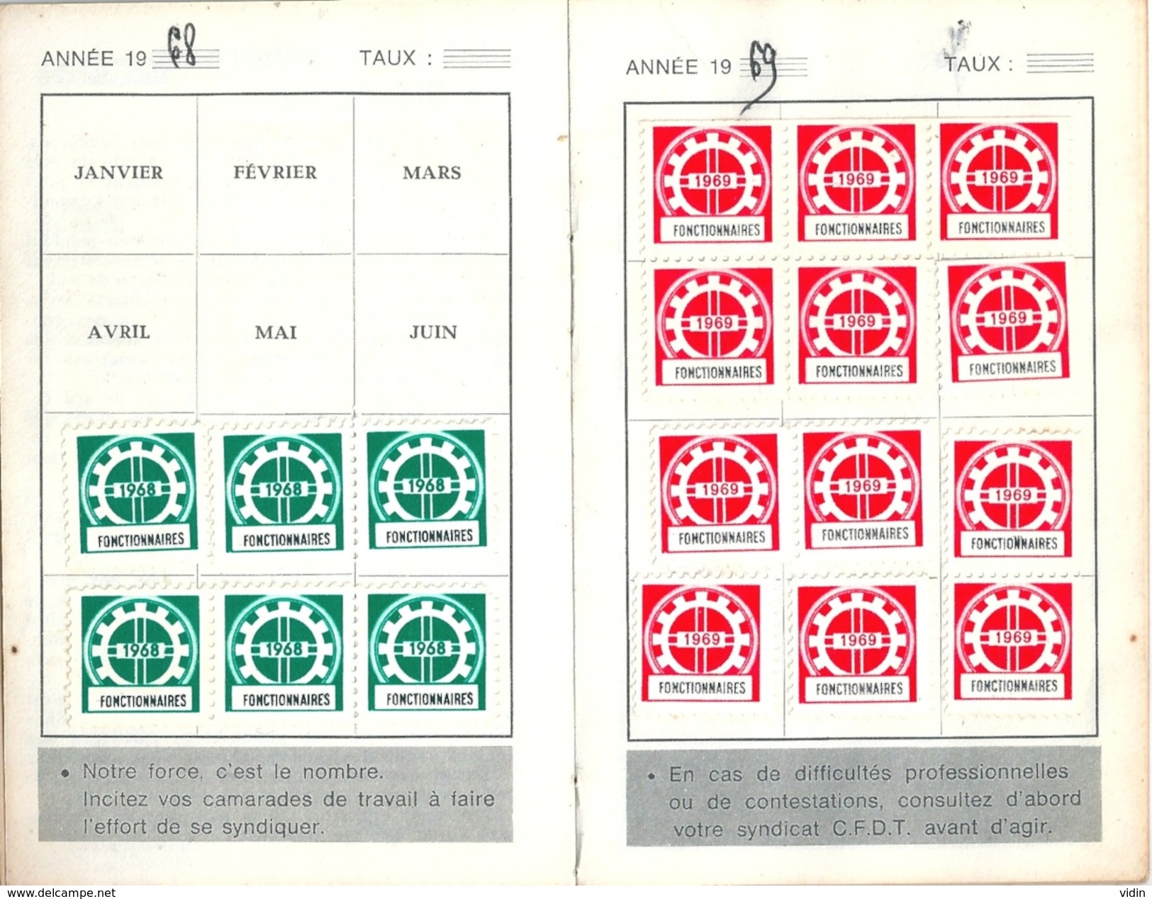CFDT Carnet Confédéral Avec Vignettes De 1968 à 1972 - Documents Historiques