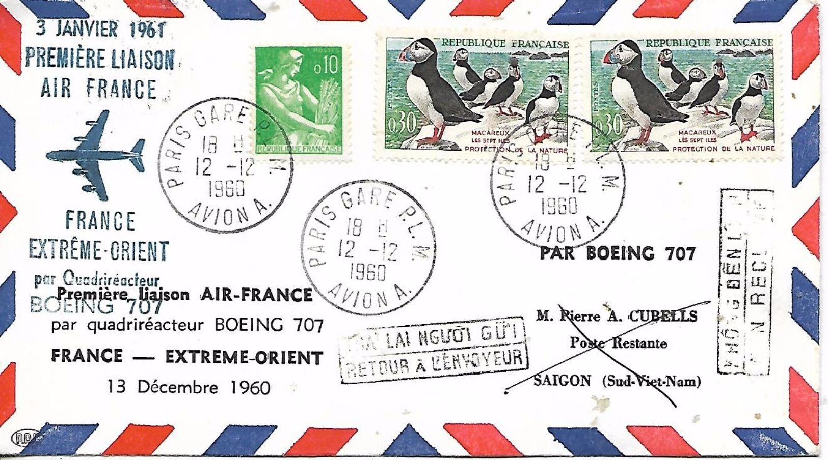 FRANCE EXTREME ORIENT  Air France  Première Liaison Par Quadriréacteur Boeing 707   13/12/60 - Premiers Vols