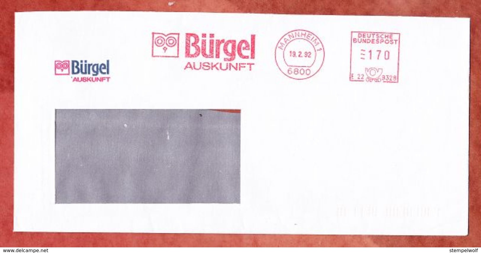 Brief, Pitney Bowes E22-9328, Stilisierte Eule, Buergel Auskunft, 170 Pfg, Mannheim 1992 (43965) - Franking Machines (EMA)