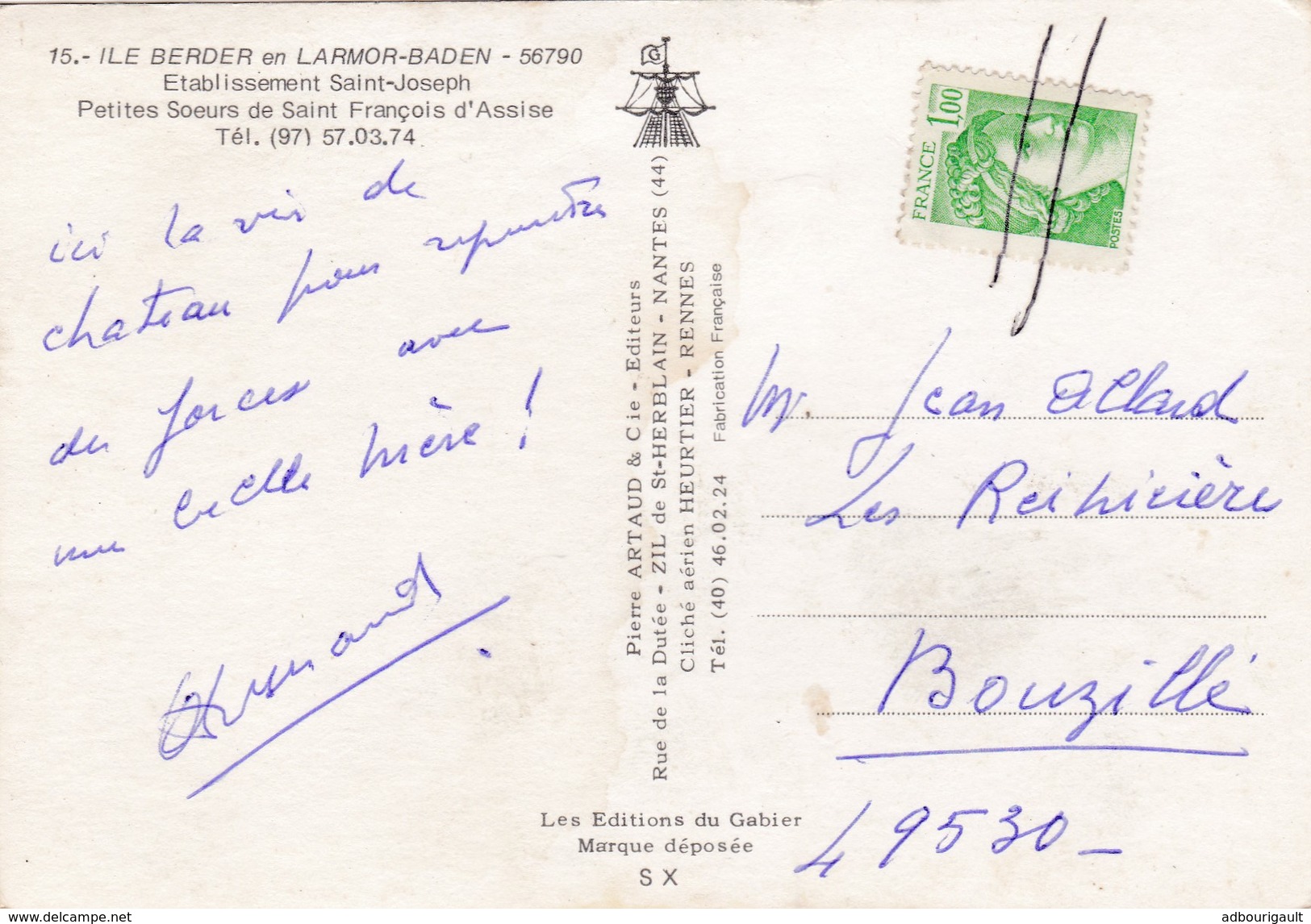 Sabine De Gandon Sur Carte Postale Annulation Trait Crayon Manuelle 1f Vert  Cp Obliteration - Briefe U. Dokumente