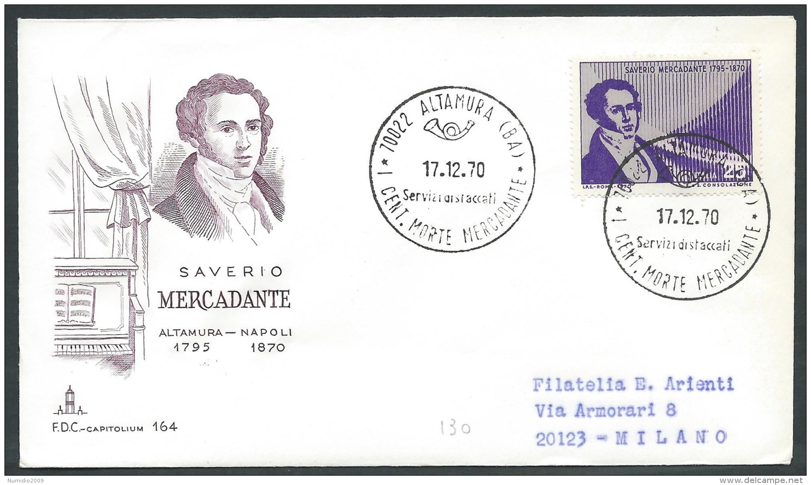 1970 ITALIA FDC CAPITOLIUM MERCADANTE TIMBRO ARRIVO - KI19 - FDC