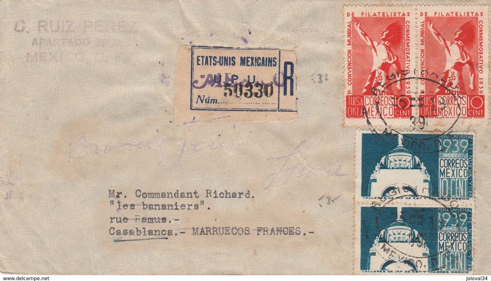 Lettre Recommandée Etats Unis Mexicains UPU Mexico 1939 Pour Casablanca Maroc Passe Ifrane - Vignettes Au Verso - Indien - Mexico