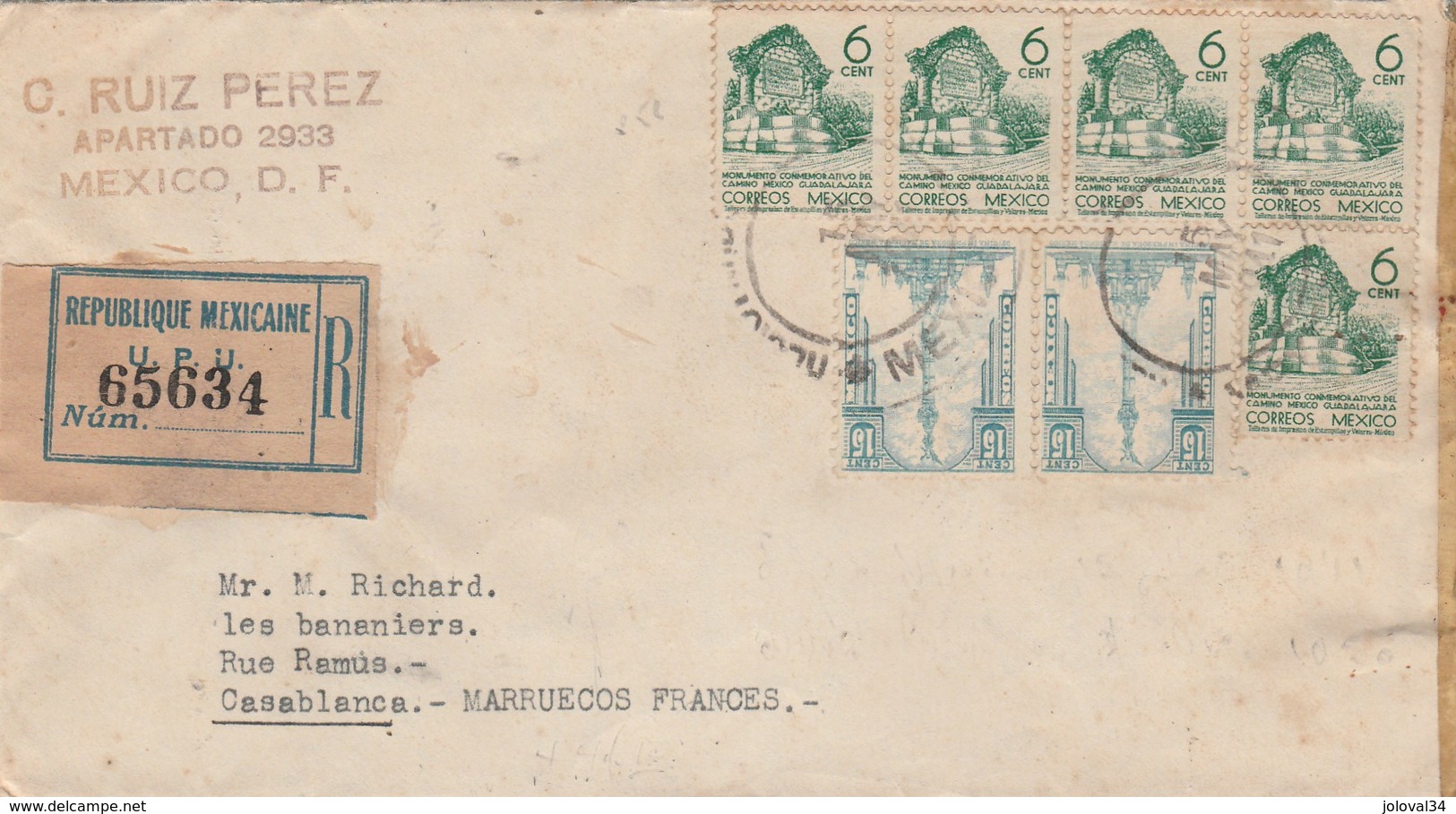 Lettre Recommandée République Mexicaine UPU Mexico 1950 Pour Casablanca Maroc Passe Hamilton Bermuda  Vignettes Au Verso - Mexico