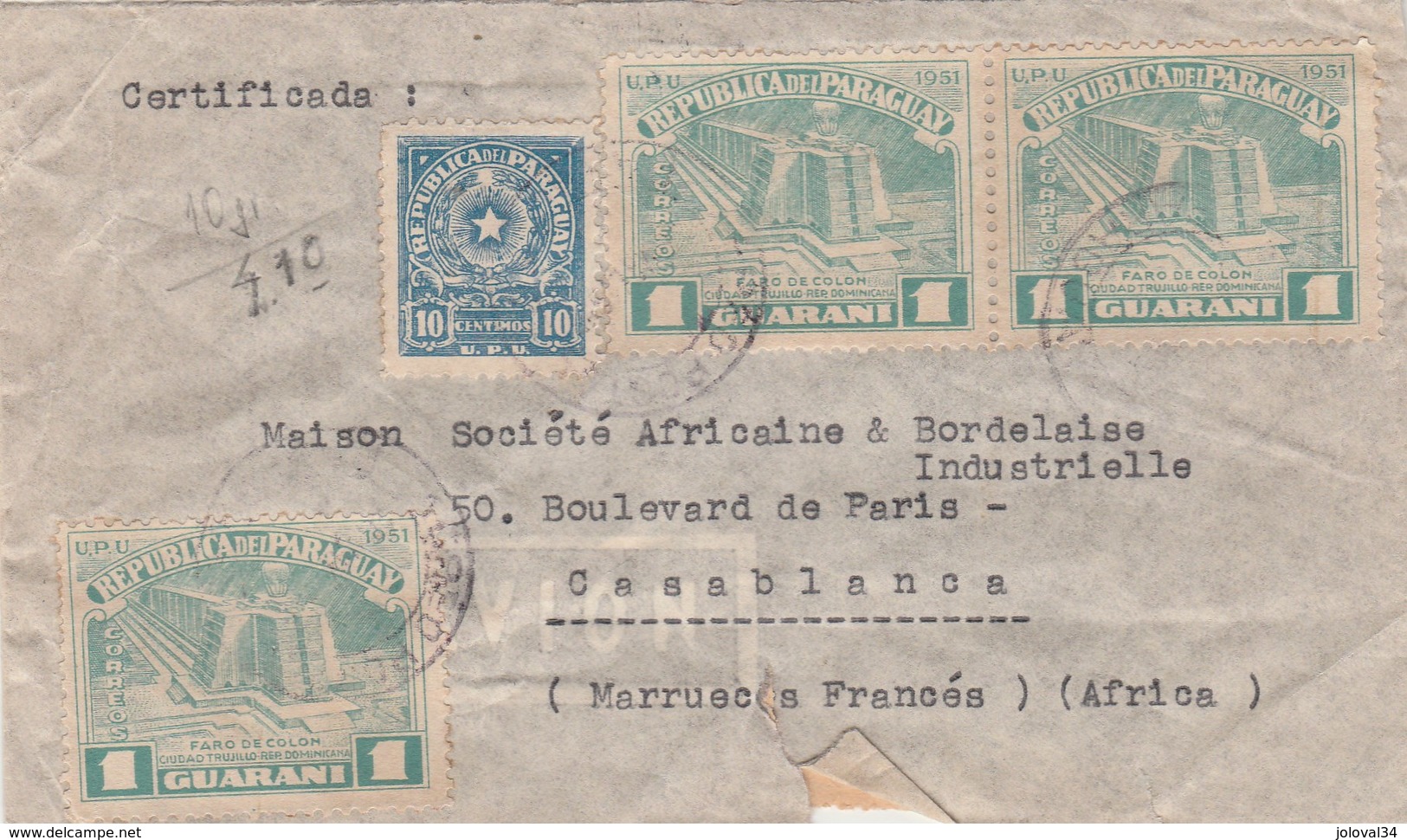 Paraguay Lettre Recommandée Asuncion 5/6/1952 Pour Casablanca Maroc  Passe Lisboa Portugal - Paraguay