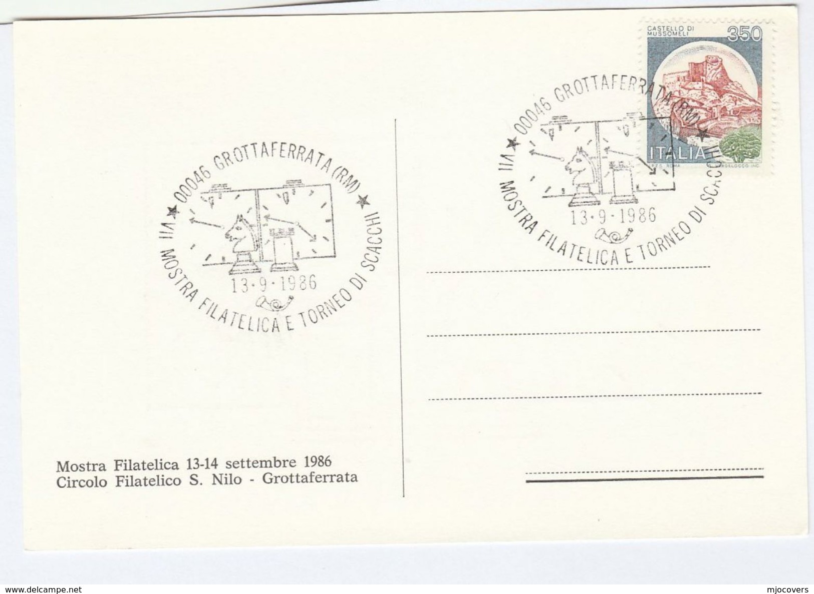 1986 ITALY MOSTRA CHESS TOURNAMENT EVENT COVER Postcard Stamps Card Clock - Chess