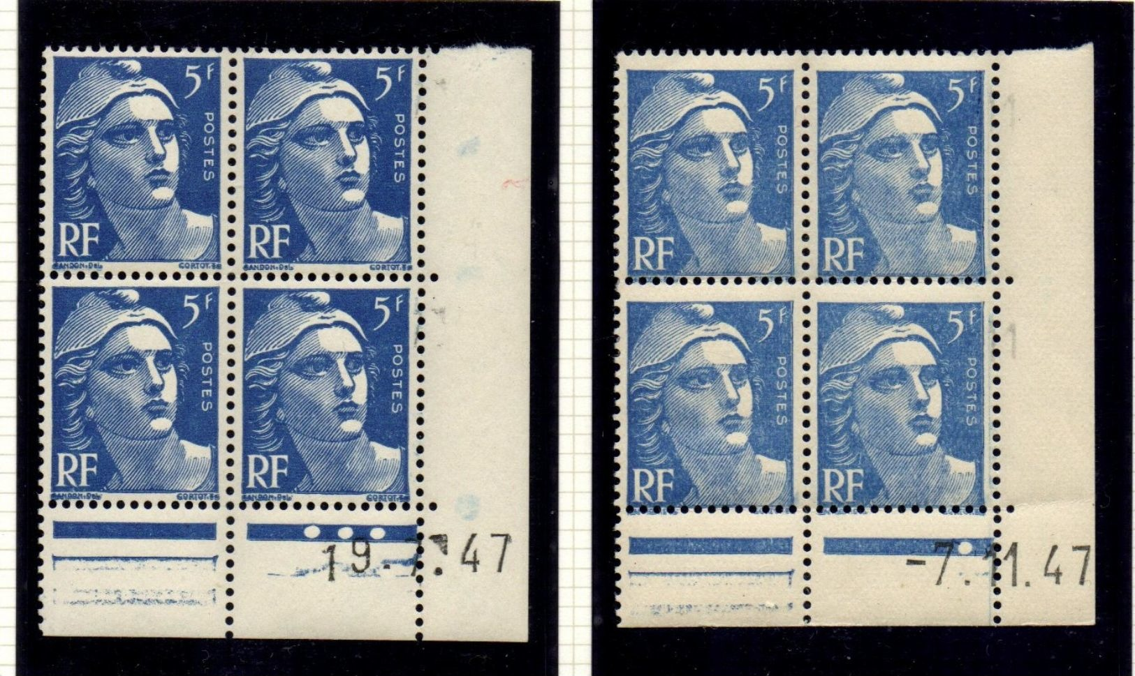 L039	N°719B - 5f Bleu - Marianne De GANDON - Lot De 2 Coins Datés ** - 1940-1949