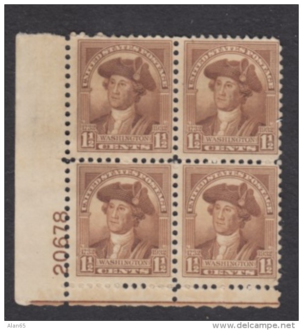 Sc#705 #706 &amp; #709 Washington Bicentennial 1-, 1 1/2-, And 4-cent Issues Unused NO GUM Plate # Blocks Of 4 Of Each - Plate Blocks & Sheetlets