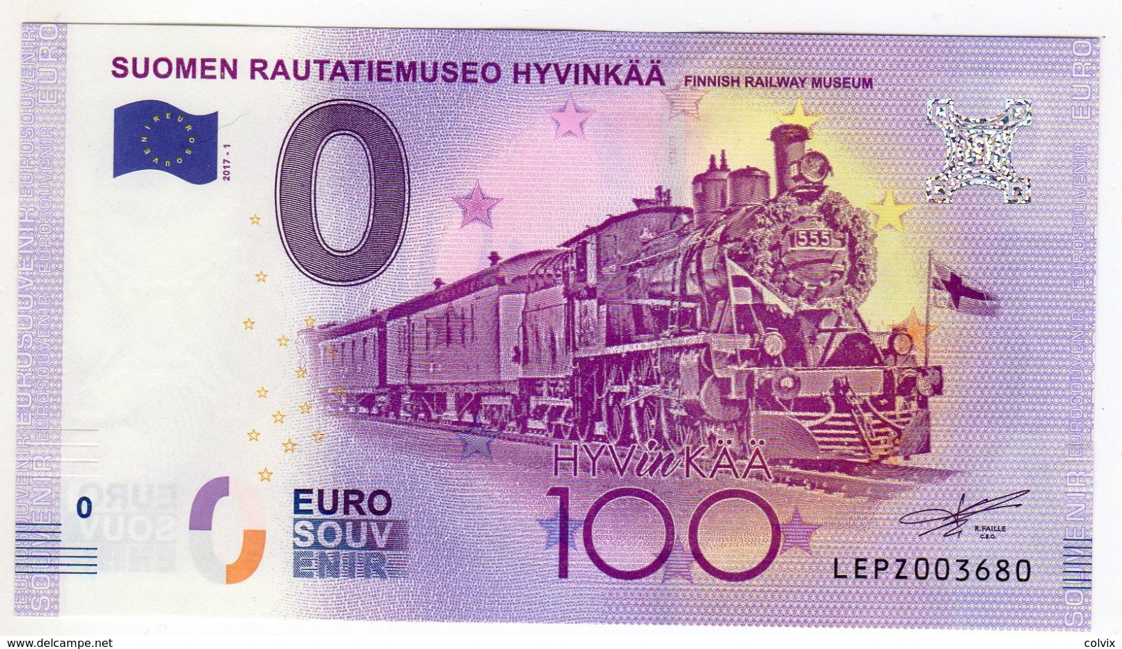 2017-1 BILLET TOURISTIQUE FINLANDE 0 EURO SOUVENIR N°LEPZ003680 SUOMEN RAUTATIEMUSEUMO HYVINKAA TRAIN - Essais Privés / Non-officiels