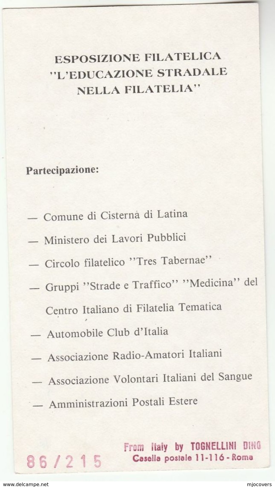 1986 EUROPEAN ROAD SAFETY Year EVENT COVER Cisternaldi  ITALY Stamps Card - Accidents & Road Safety